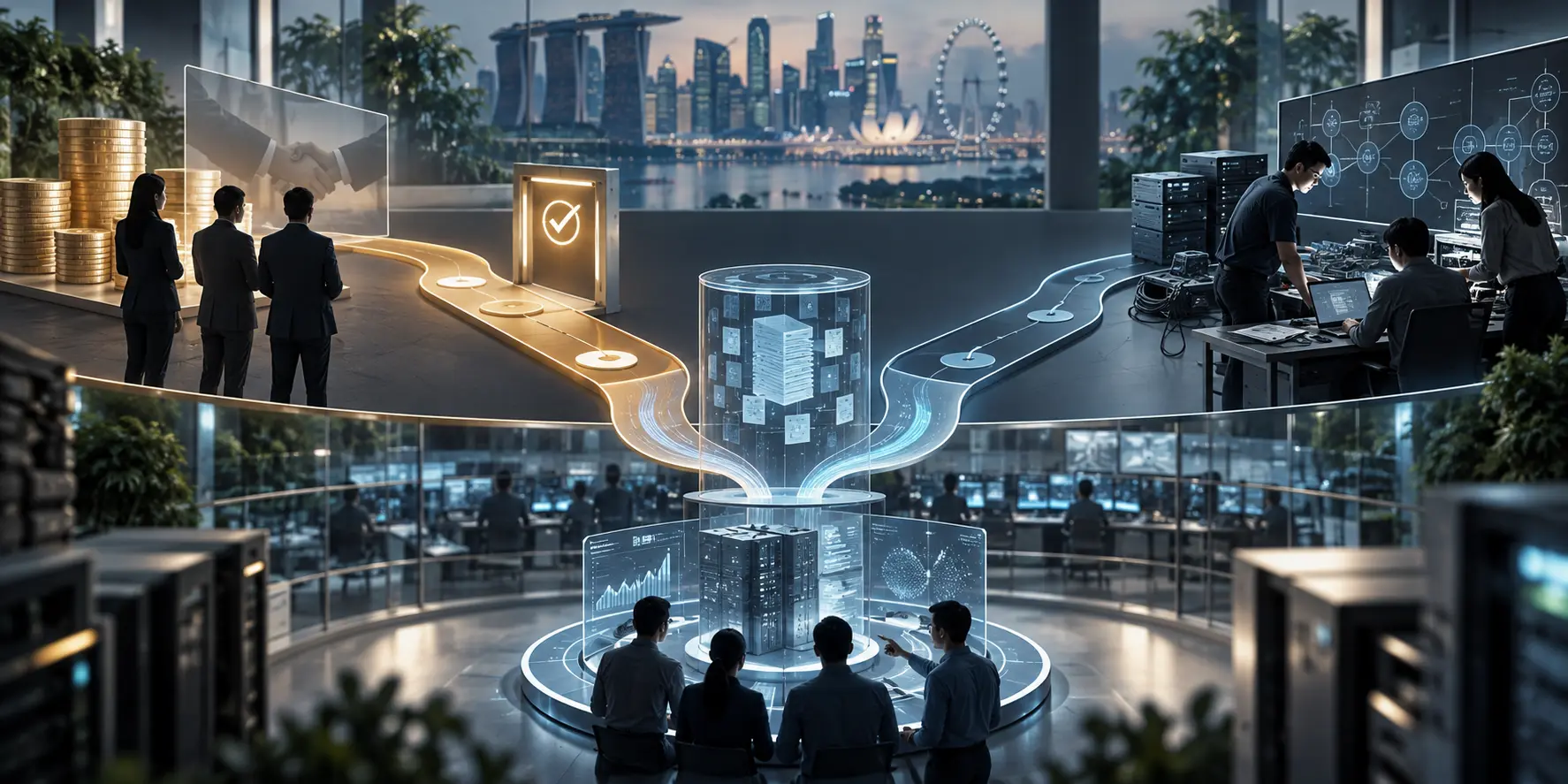 Two funding paths converge on a quantum-safe migration pilot: a provider-funded route and an in-house engineering route.
