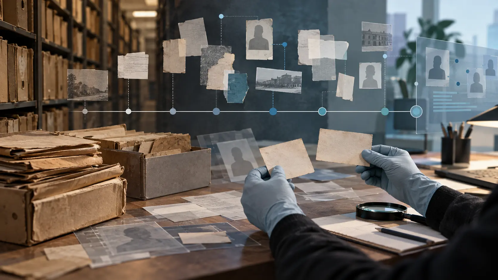 Fragmented archive records are reviewed across a long timeline, while links to individuals remain uncertain.