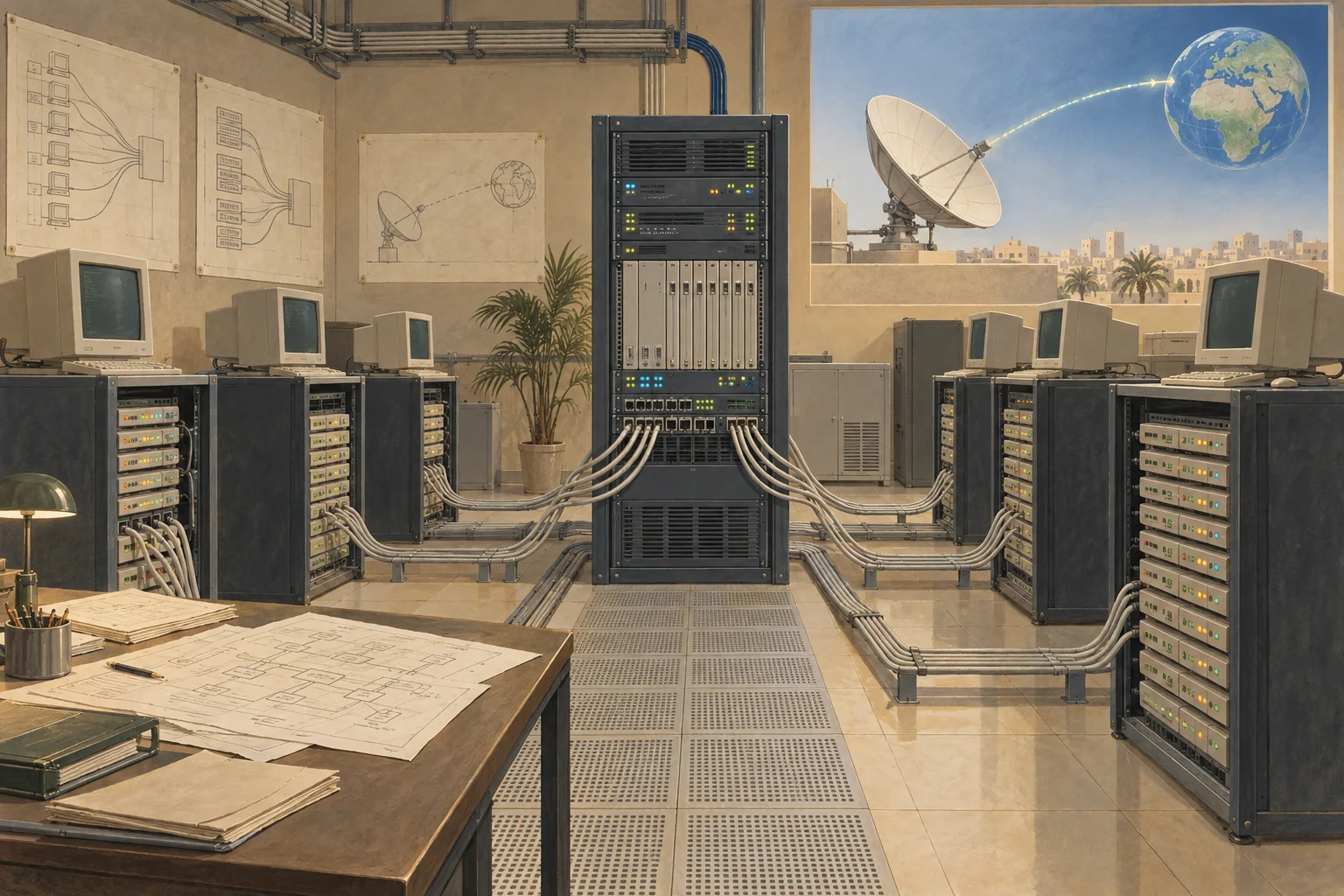 Conceptual editorial illustration of multiple Saudi ISP racks converging on one international Internet gateway in 1998.