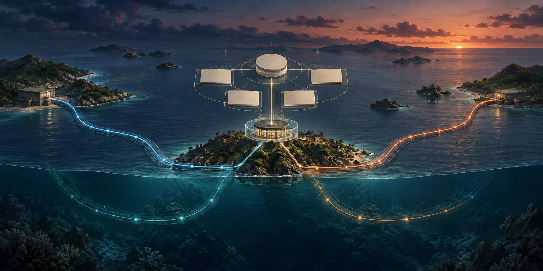 Conceptual editorial illustration of a Caribbean network hub connected by two distinct undersea fibre routes, with routing control shown separately from the cables.