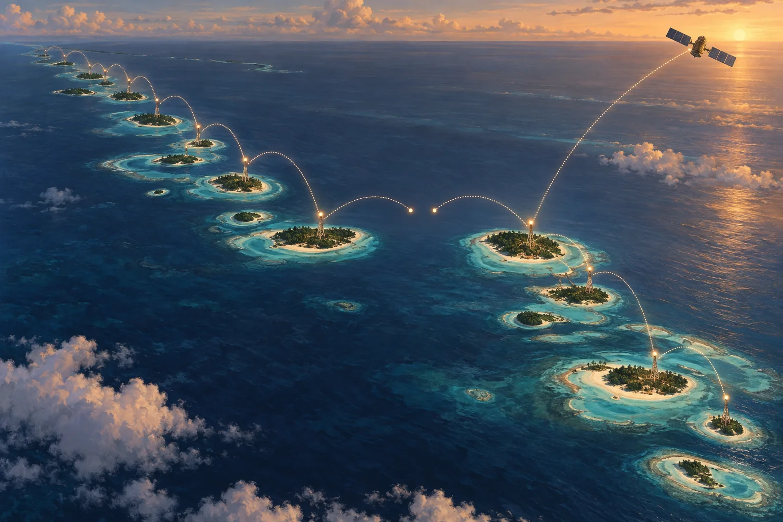 A conceptual chain of Maldivian atolls linked by microwave relays, with a satellite path south and an unjoined local exchange route.