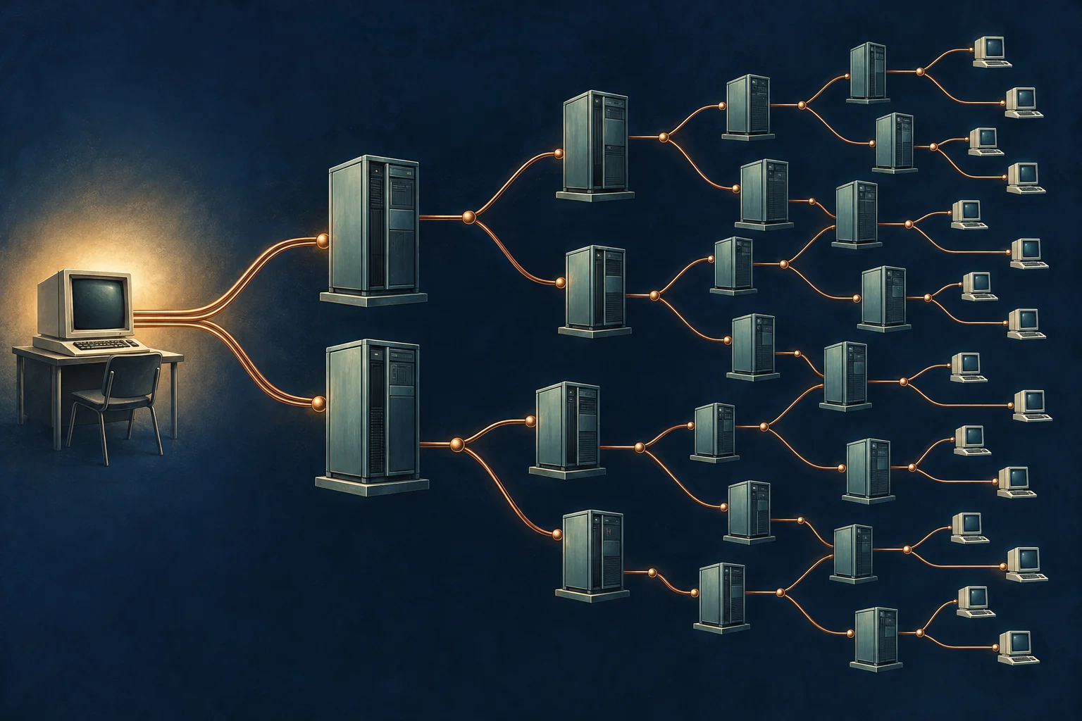 Conceptual illustration of IRC expanding through independently run servers.