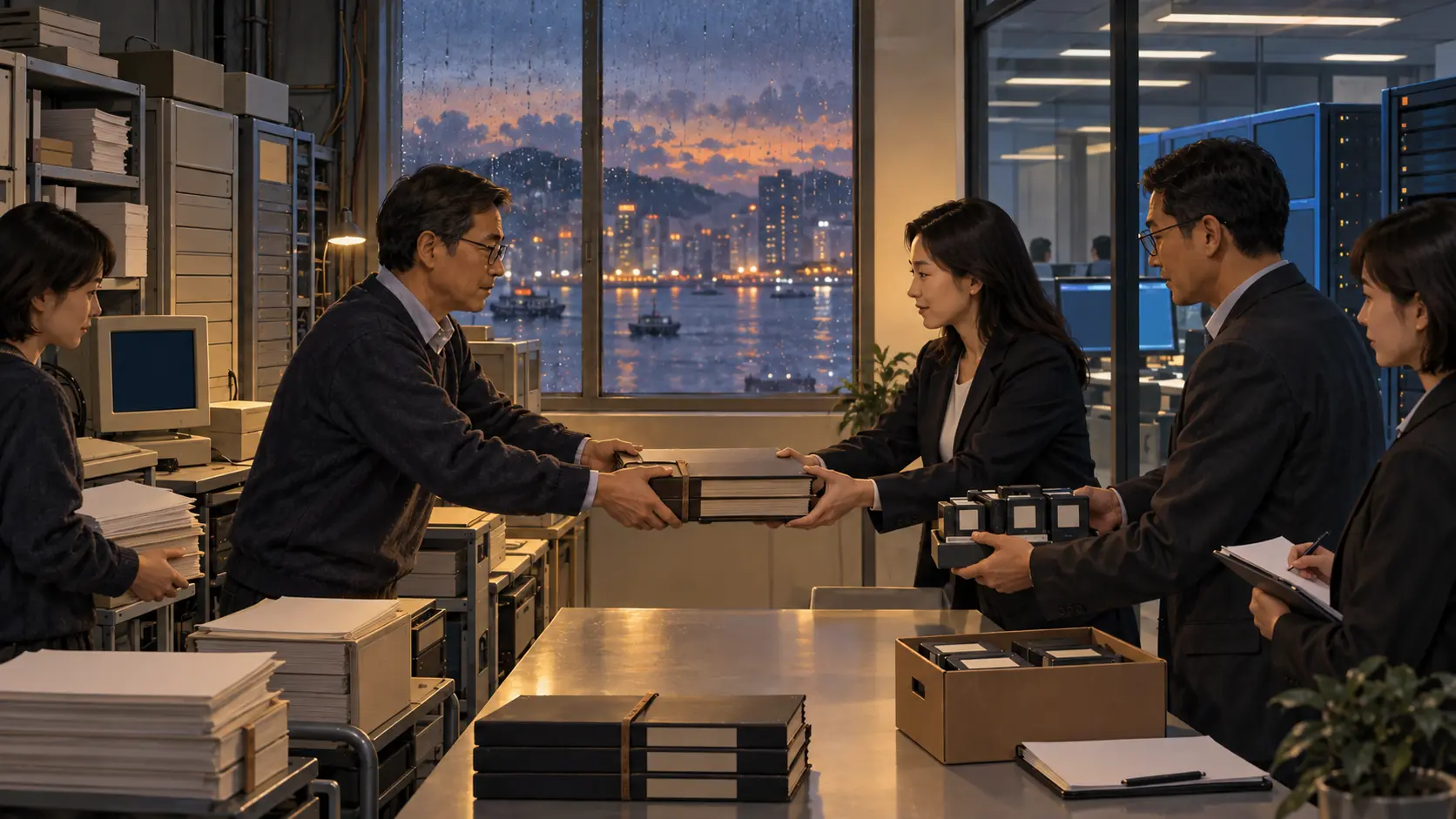 Conceptual illustration of a records handoff between a university computer centre and a nonprofit domain registry in Hong Kong.