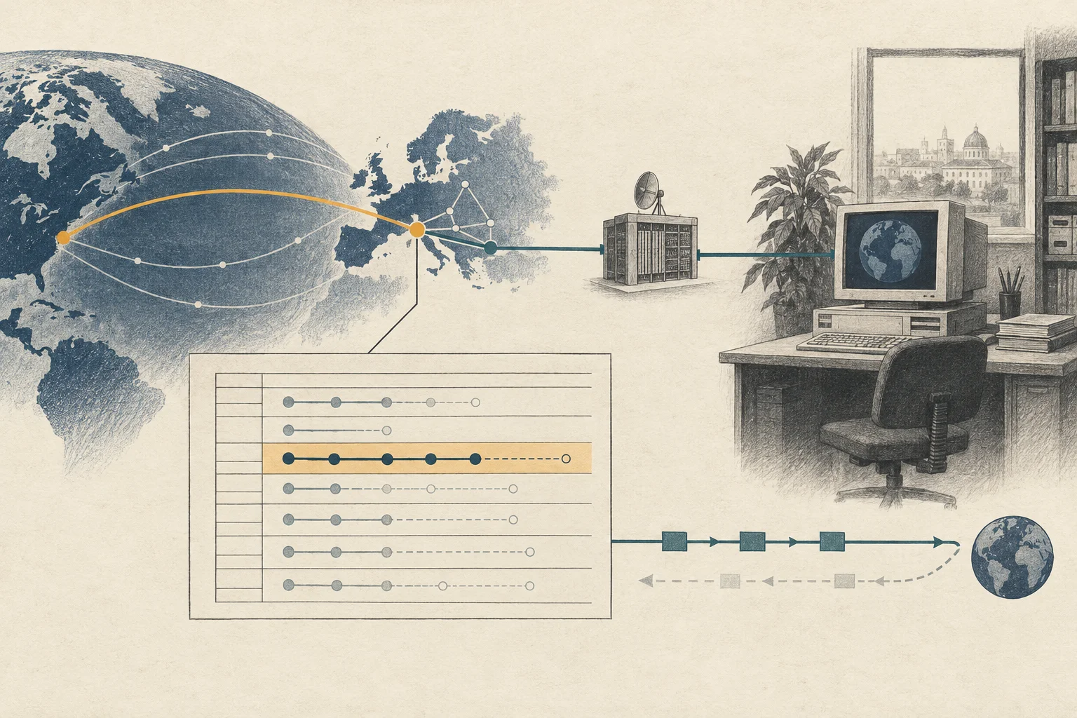 An abstract 1990s research workstation and route table show a configured westbound path while the return path remains unproven.