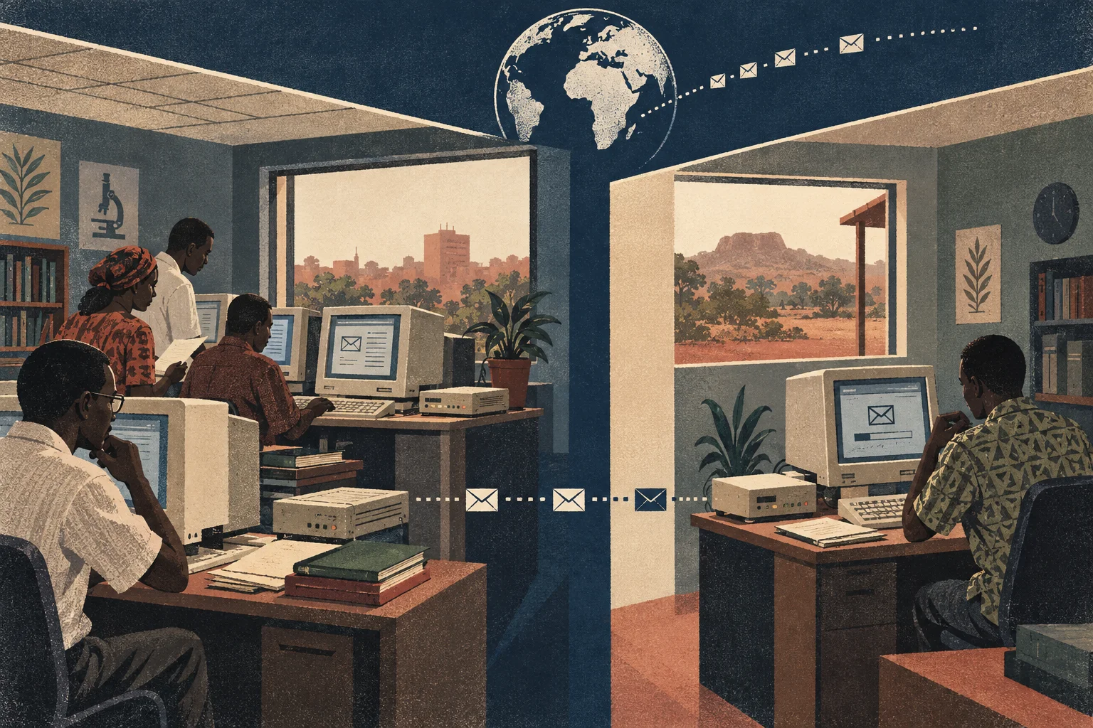 Conceptual editorial illustration of Burkina Faso’s 1994–1995 research email network, with local institutional routing and international message transfer shown abstractly.