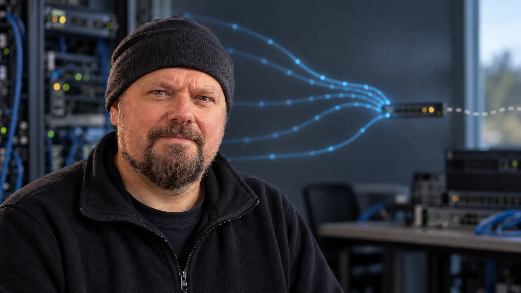 AI editorial portrait of Tomek Mrugalski in a restrained network engineering setting.
