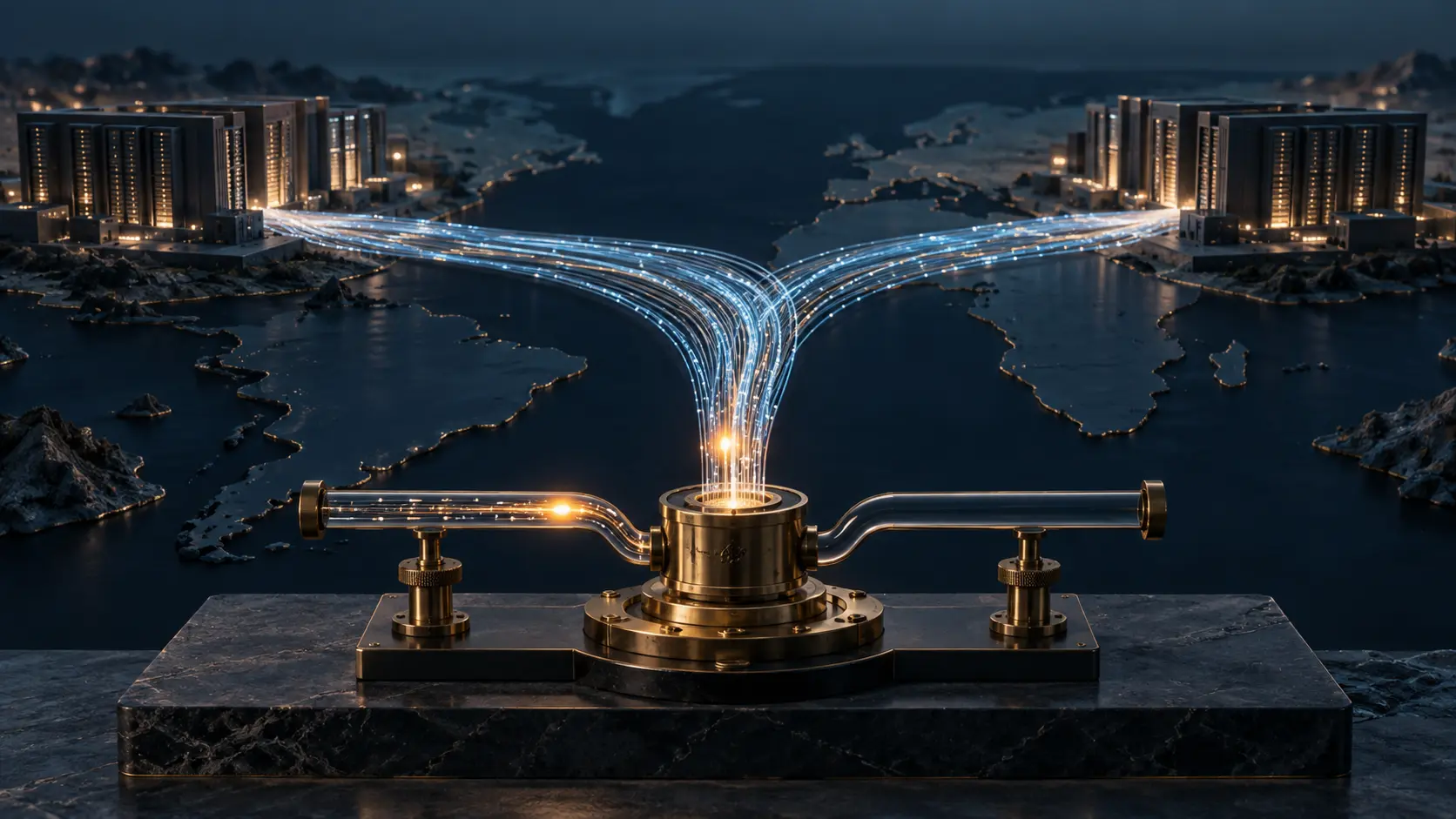Abstract data-centre halls connect through bright fibre into an instrument with an empty output channel, representing a disclosed AI-connectivity win and unproven cash return.