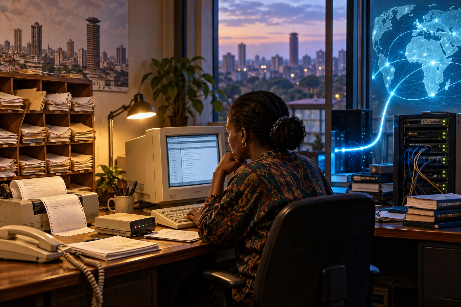 Conceptual illustration of a Kenyan researcher moving from queued institutional email to interactive Internet access.