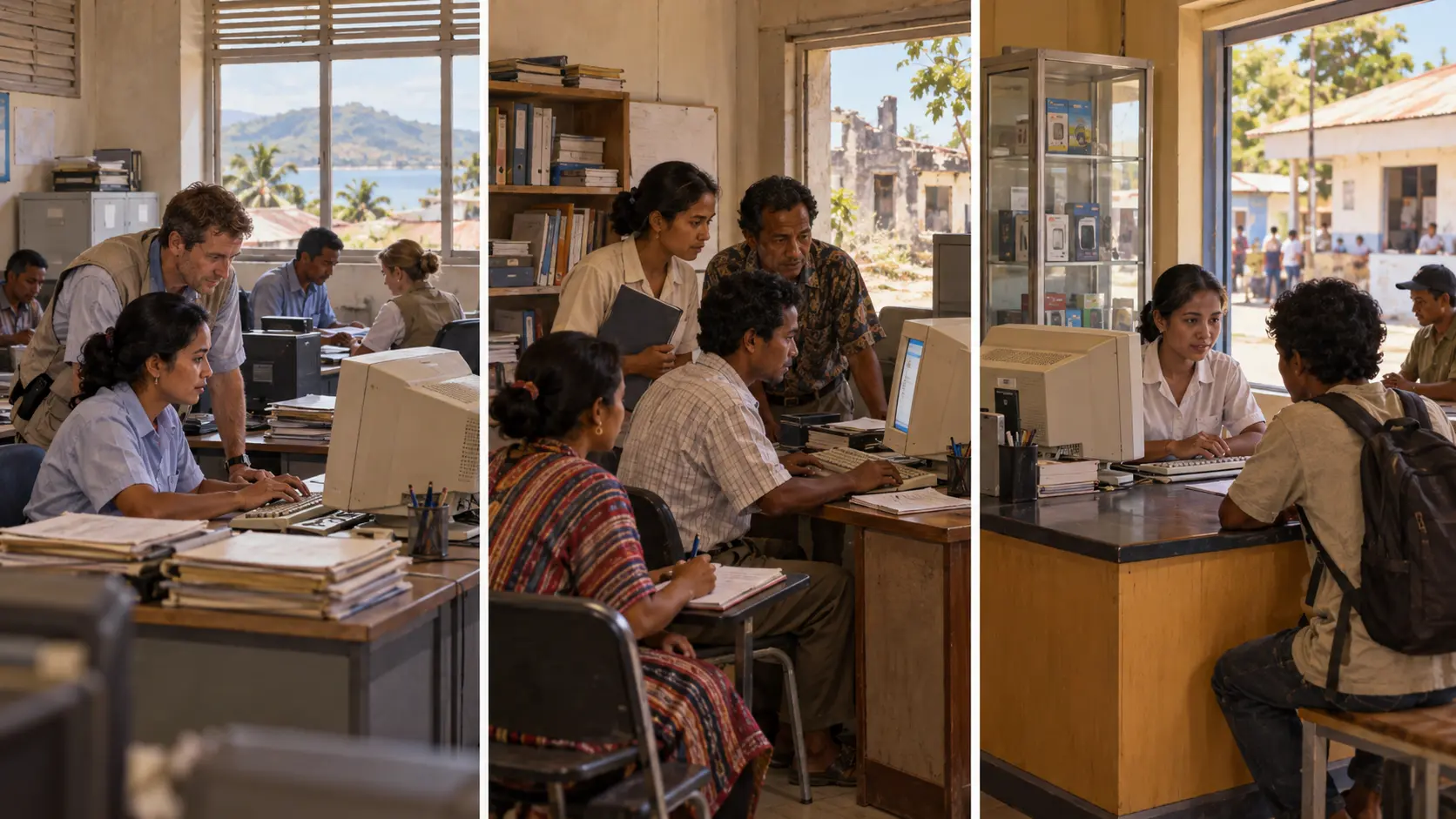 A conceptual early-2000s triptych of UN, development-project and commercial Internet service settings in Timor-Leste; it does not show physical network routes.