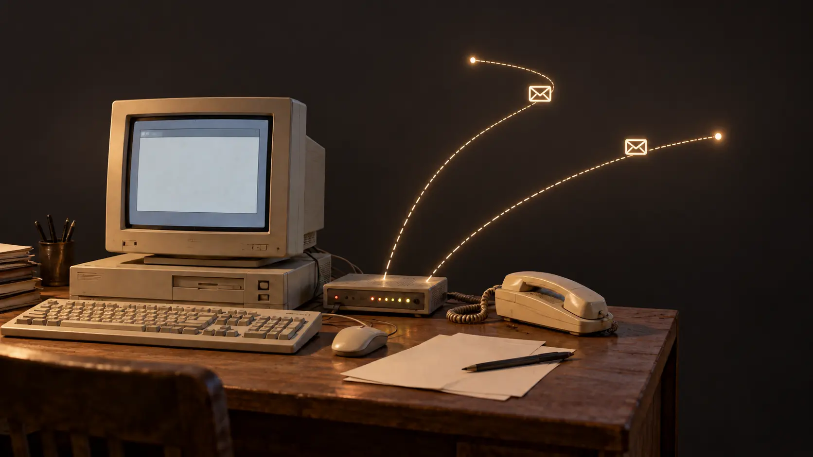 Conceptual illustration of a 1990s computer, dial-up modem and landline, with two abstract email paths.