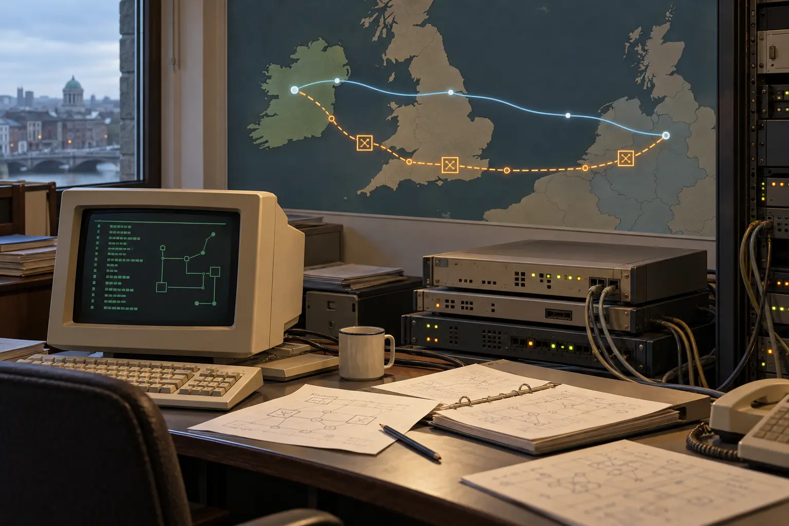 A conceptual 1991 university networking room in Dublin with two schematic routes toward Amsterdam.