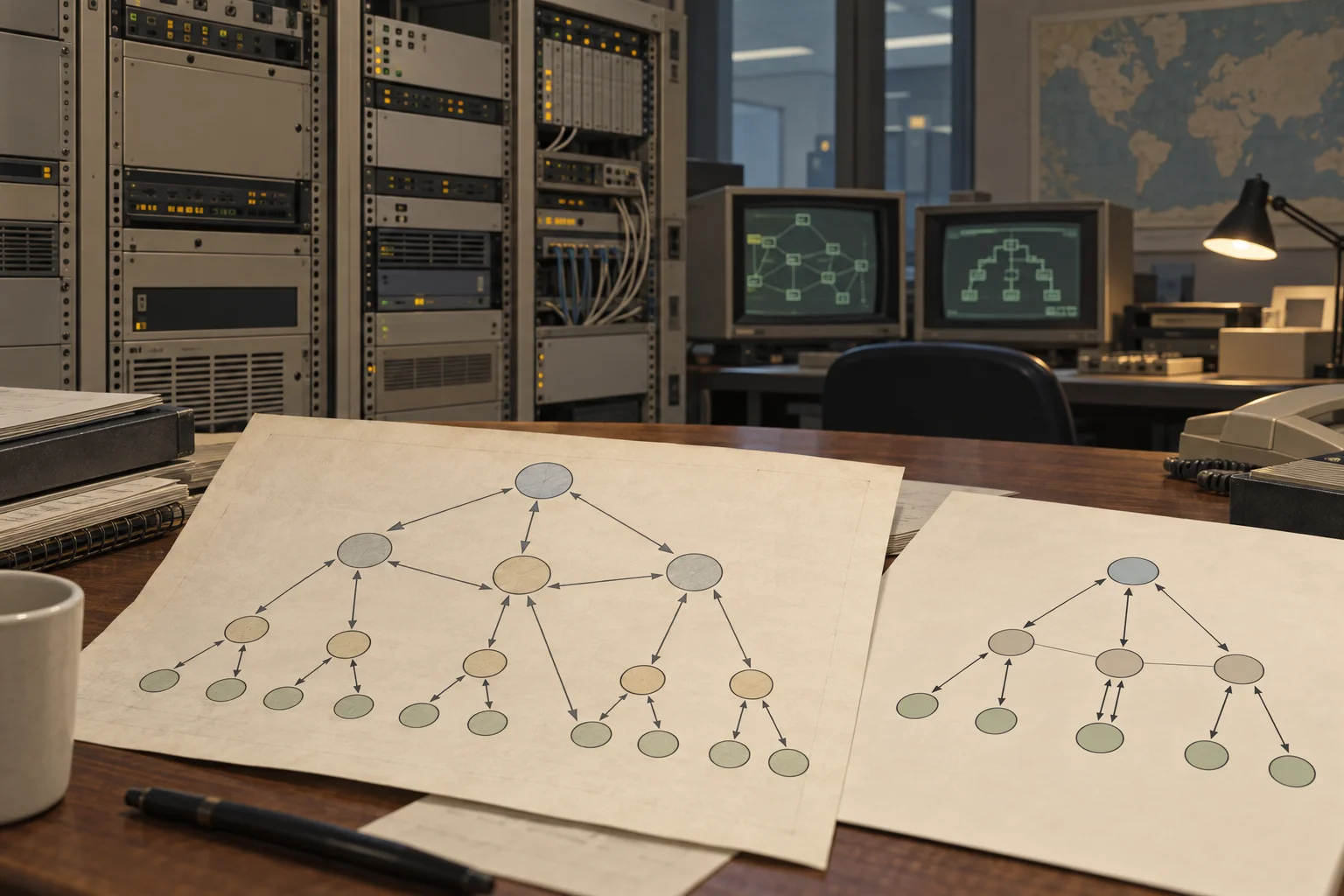 Conceptual late-1980s network room with two unlabeled sketches of autonomous-system routes.