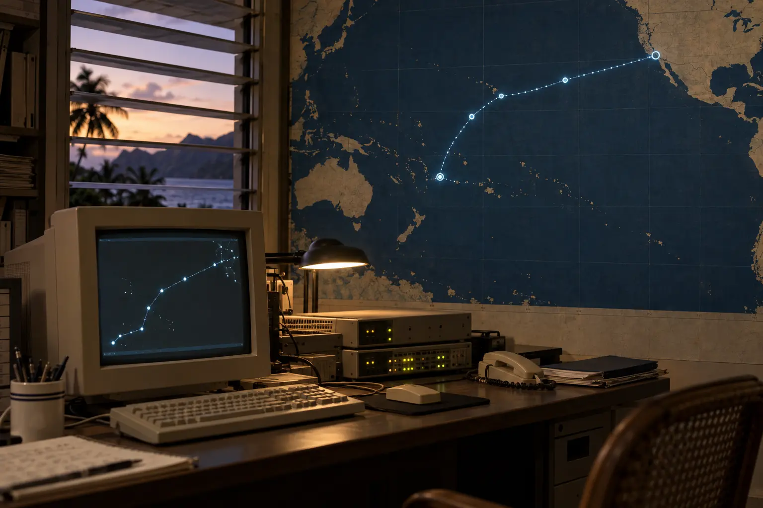 A 1990s network desk beside an abstract Pacific route line and an unlabeled map.