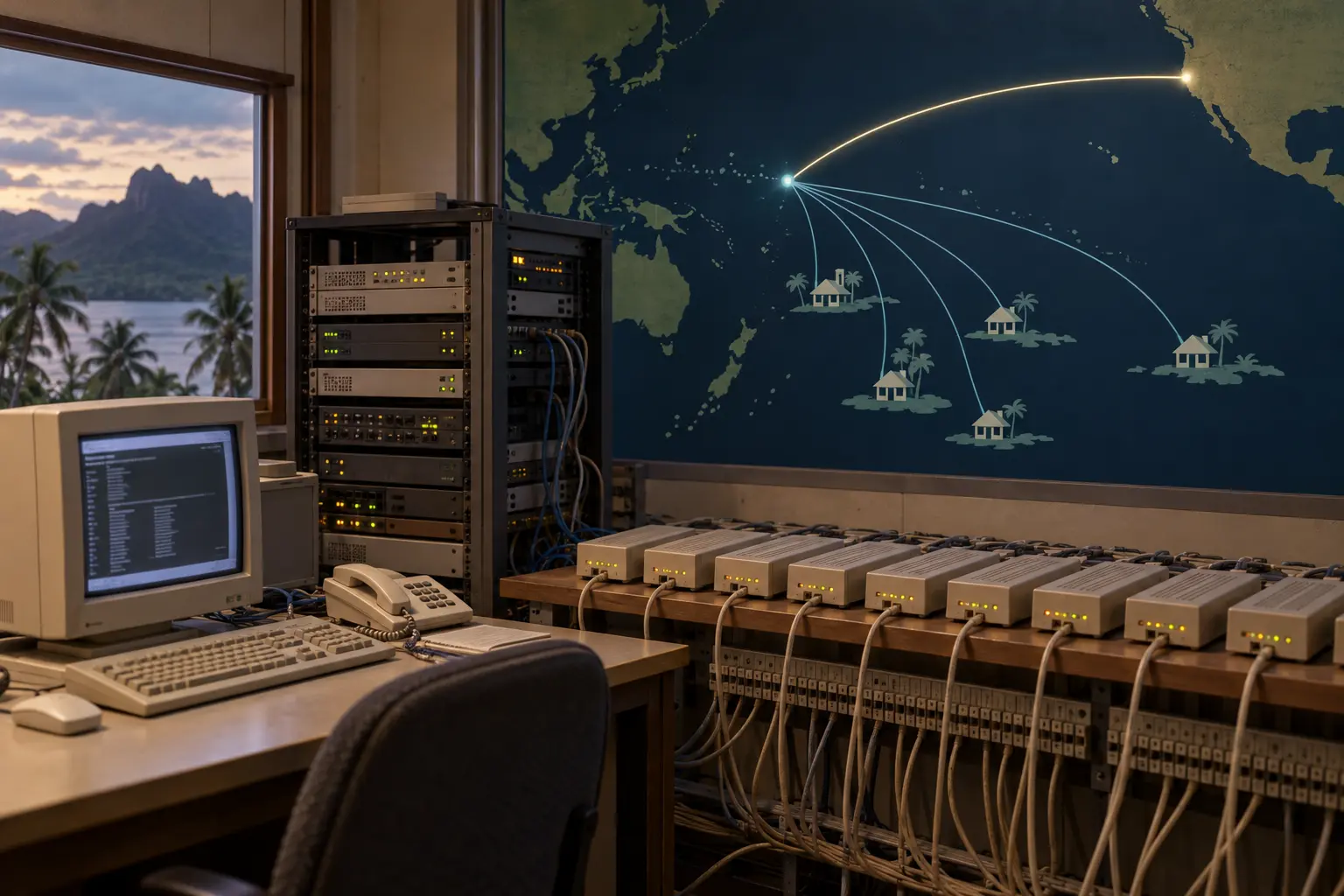 A 1990s Pacific telecom room with dial-up modems beside an abstract route from Pohnpei toward California.
