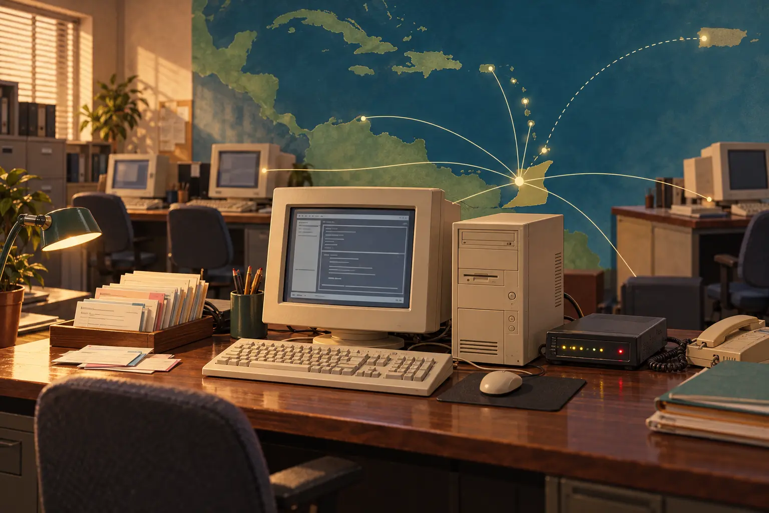 A 1990s research office with dial-up modem and linked terminals beside an abstract route toward Puerto Rico.