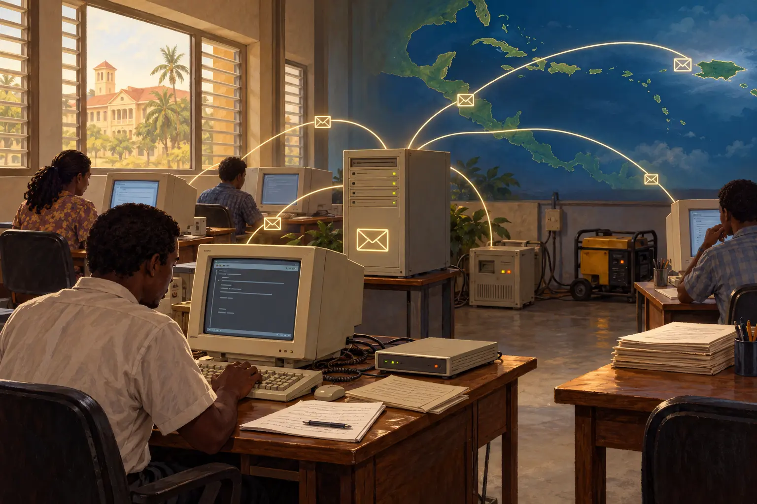 A 1990s university computer room with Waffle-era terminals, a dial-up modem and a conceptual email route toward Puerto Rico.