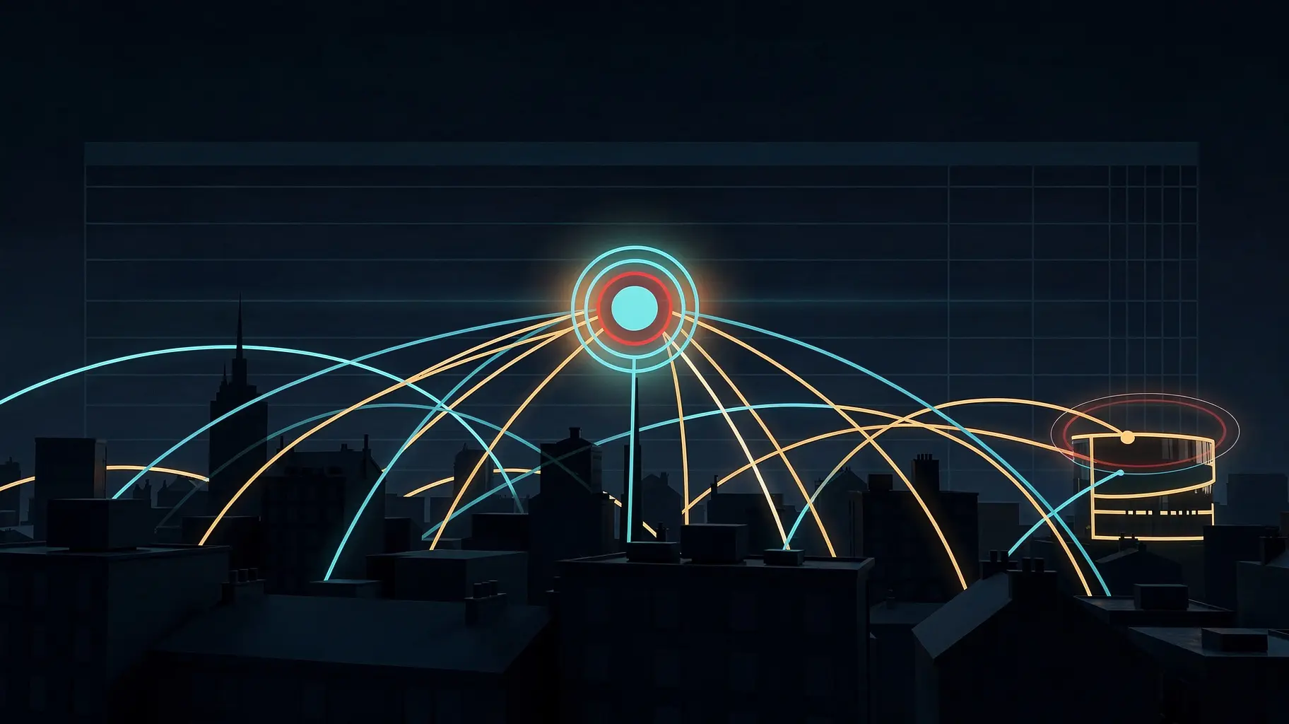 Conceptual editorial illustration: a stylised night view of a northern English city, its buildings drawn as plain dark silhouette blocks, overlaid by glowing cyan and amber route lines converging on one luminous hub node, with a smaller ringed node marking an edge data-centre cluster and faint translucent bands suggesting registry record sheets.