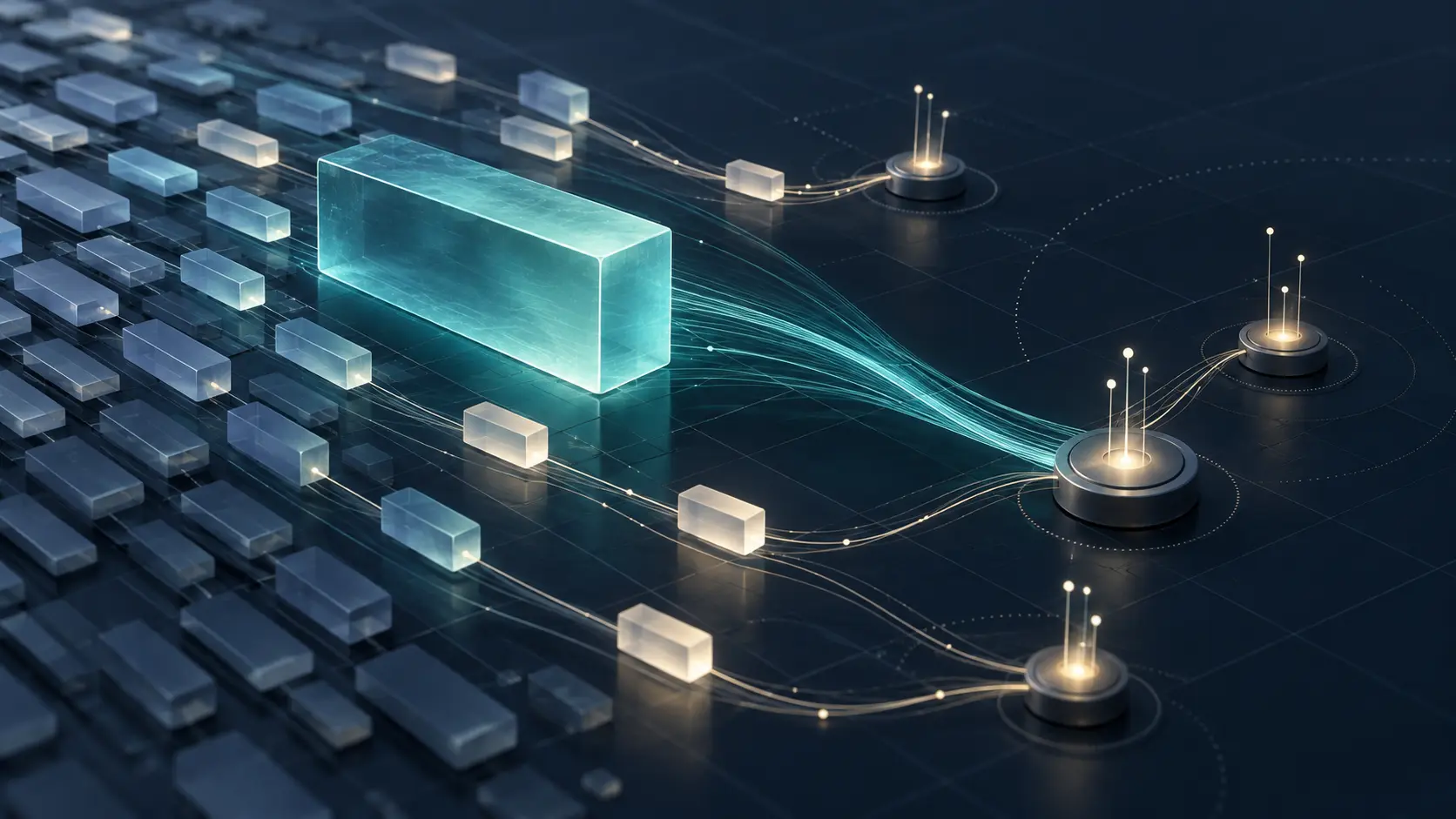 Abstract illustration of one large address block moving through a registry grid toward one network node while smaller blocks reach other nodes.