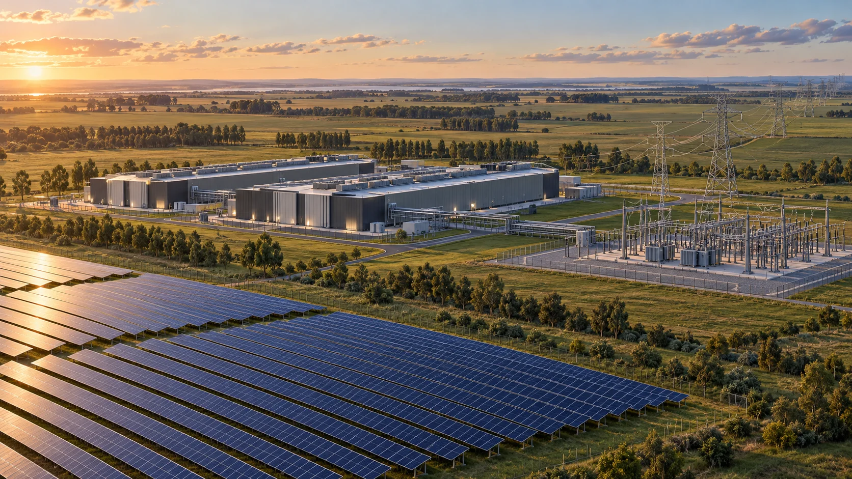 Concept illustration of rural data-centre halls, a solar array and a high-voltage substation connected by transmission lines.