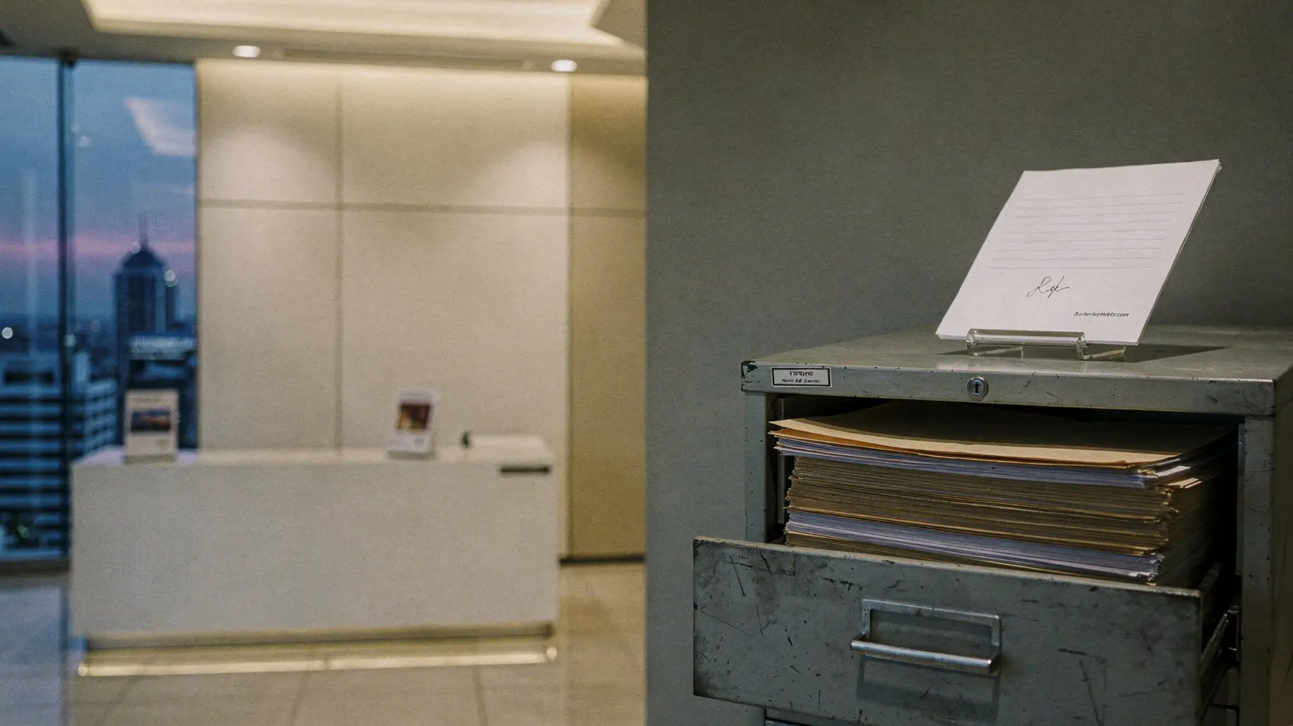 An immaculate enterprise brand wall in a corporate lobby, lit to reassure, beside a steel filing cabinet with one drawer open on unlabelled folders and a single sheet bearing a ruled but unsigned signature area