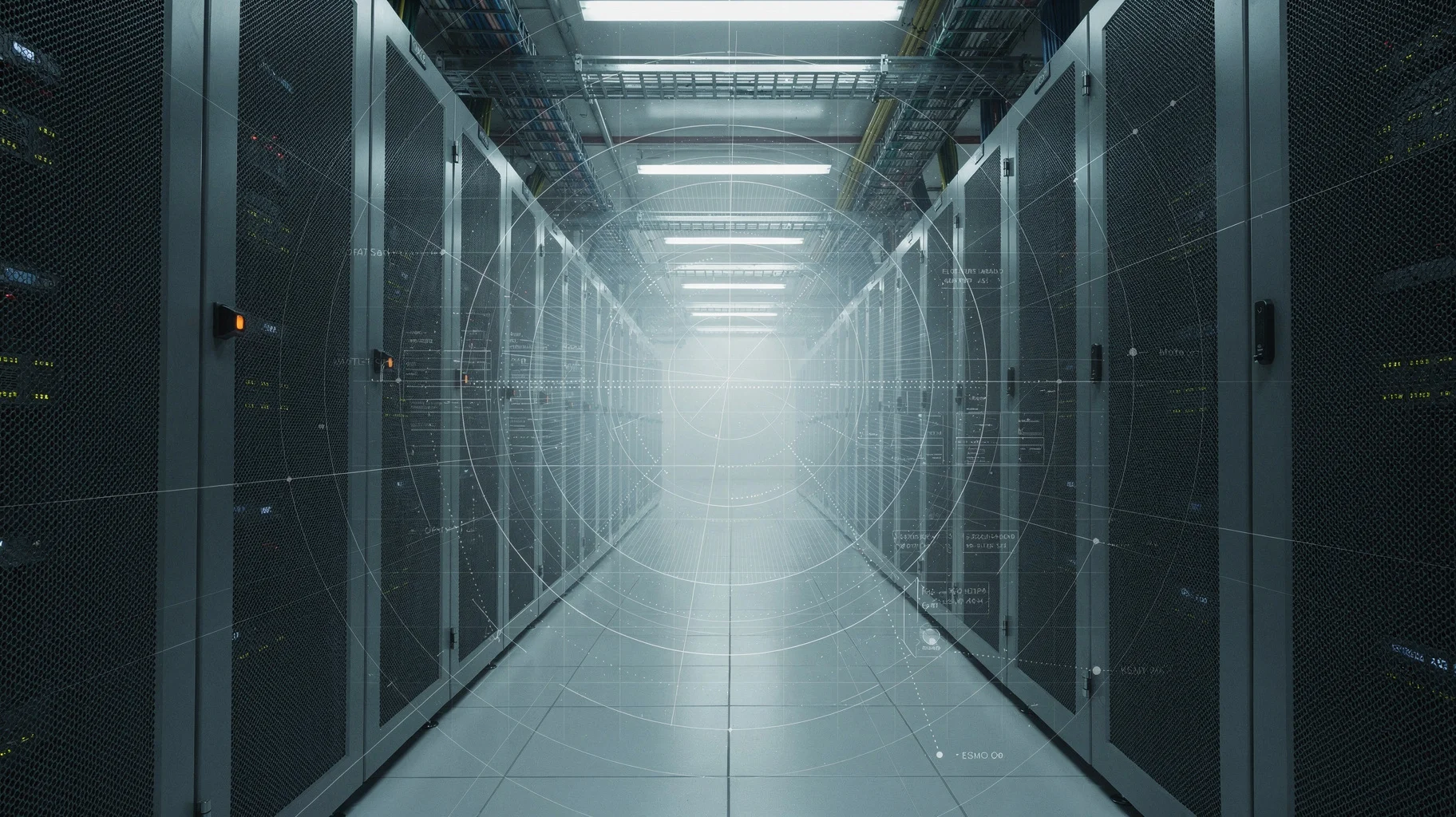 AI illustration of a server aisle with dark cabinets, overhead lighting and fine white schematic lines.
