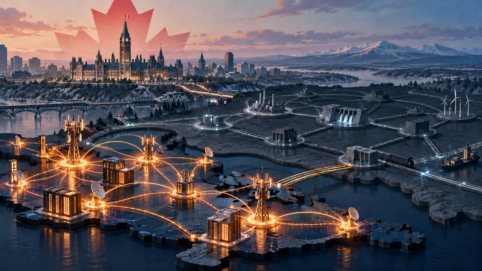 Editorial illustration of Canada’s telecom network under live security directions alongside a separate critical-systems regime awaiting commencement.