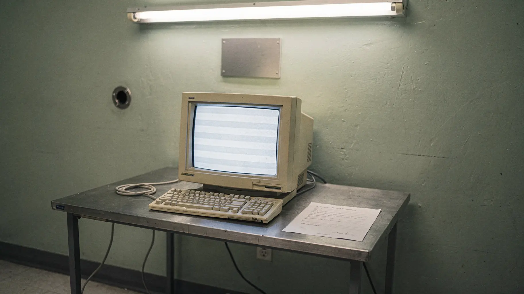 An empty early-1990s institutional computer room: a single beige terminal on a bare desk with an unreadable glowing text screen, a blank agreement sheet beside the keyboard, and an unlettered metal plaque on the wall.