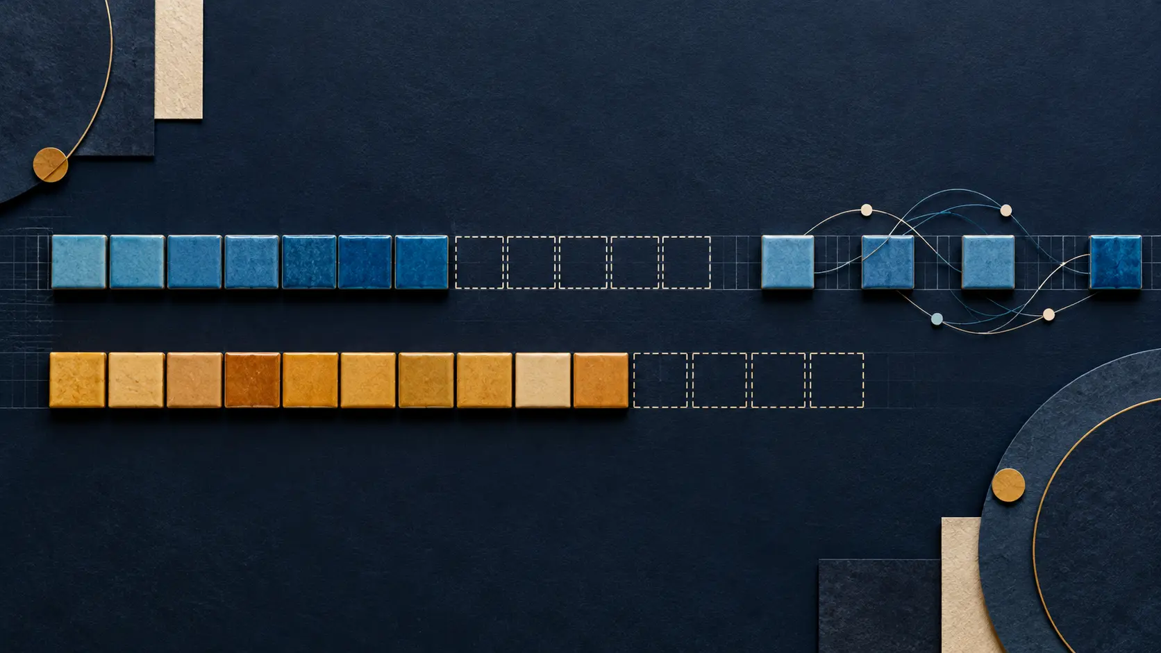Blue contiguous address tiles end at an empty adjacent growth segment; a separate ochre row represents management use, while detached tiles and fine lines suggest migration.