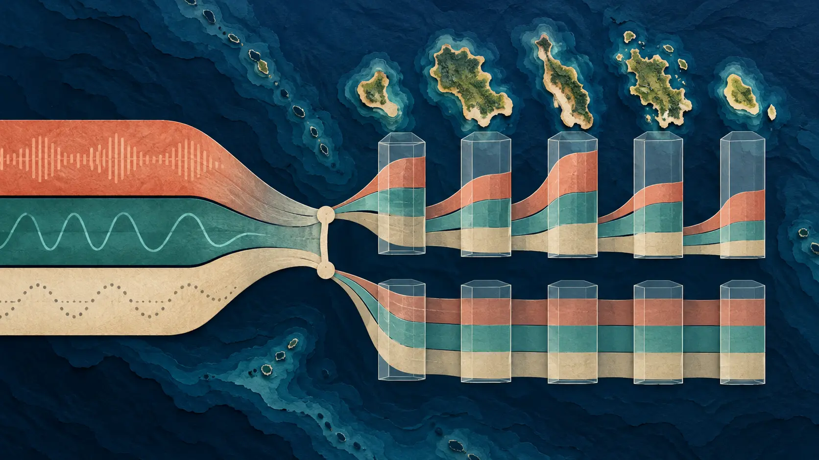 Editorial illustration of five Eastern Caribbean islands and two possible routes for allocating annual spectrum fees.