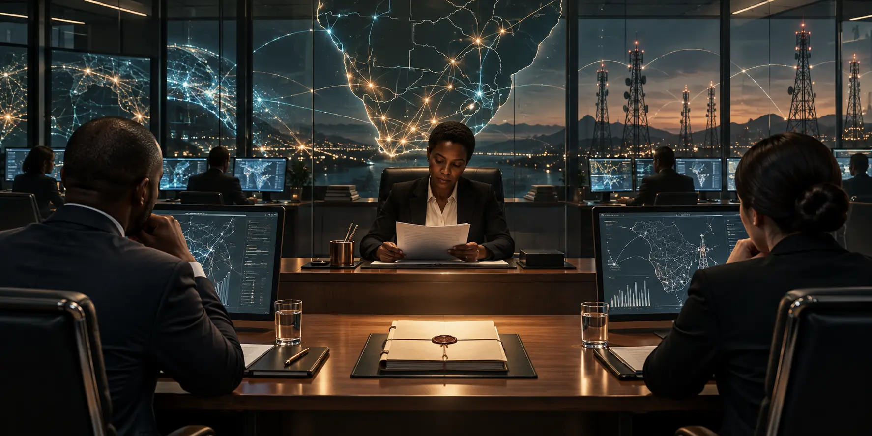 A regulator reviews a telecom licence file in a network control room overlooking South African towers.