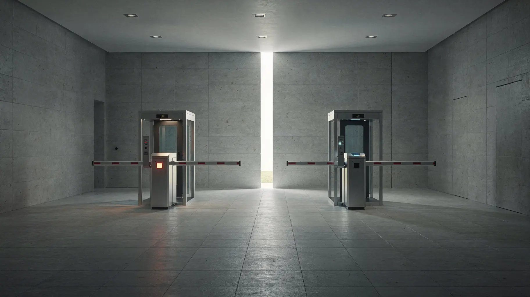 Two separate, structurally independent security checkpoints with individual barrier arms standing side by side at the end of a long pale stone institutional corridor, a narrow band of light falling in the gap between them.