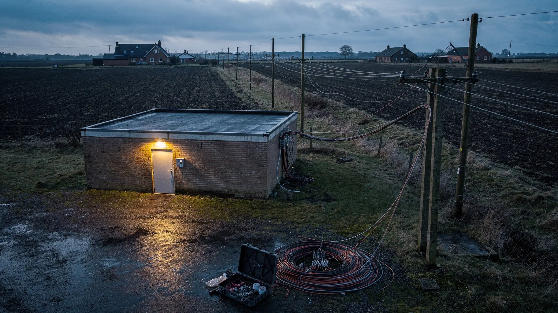Dusk aerial view of a small rural telephone exchange, with heavy copper cable bundles running along timber poles toward scattered farmhouses while a newer, thinner fibre line runs alongside on shorter poles