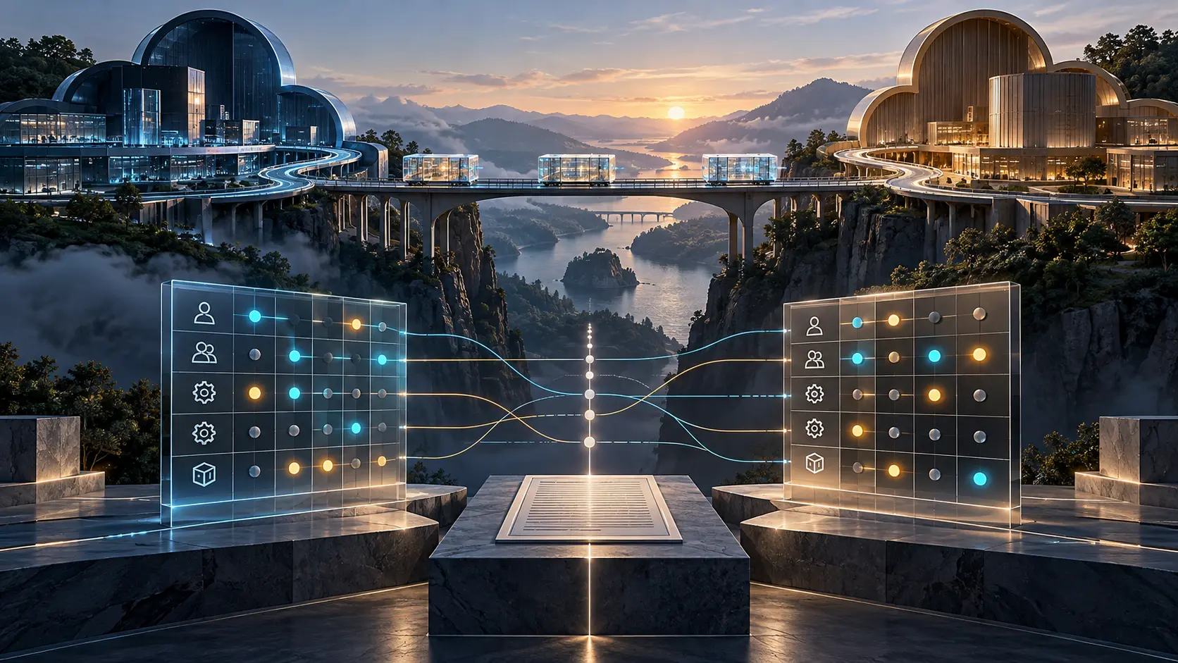 Conceptual illustration of two distinct cloud environments linked by a bridge, with separate access-rule grids and a review path.