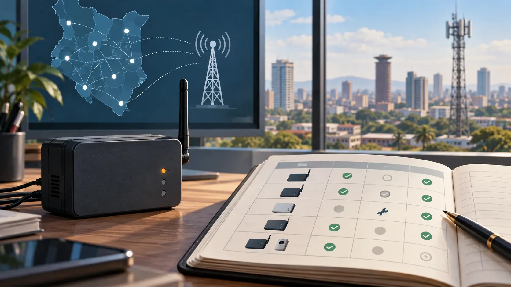 A generic GSM alarm transmitter sits beside a schematic registry ledger and a mobile-network backdrop, illustrating the equipment-counting question in Kenya’s proposed oversight fee.