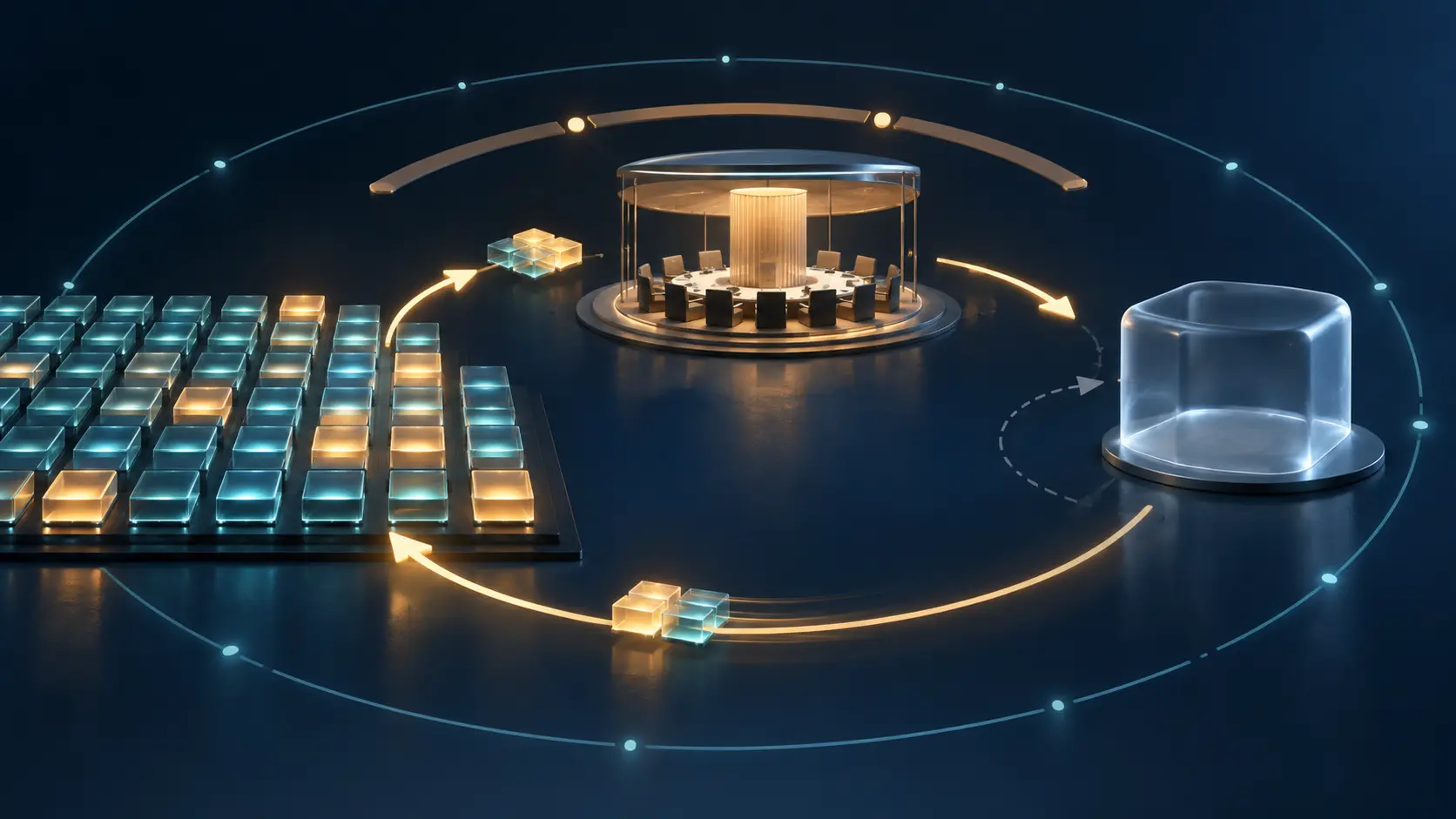 Temporary address tiles flow to a conference table; the return path passes an empty quarantine chamber before looping back to the pool.