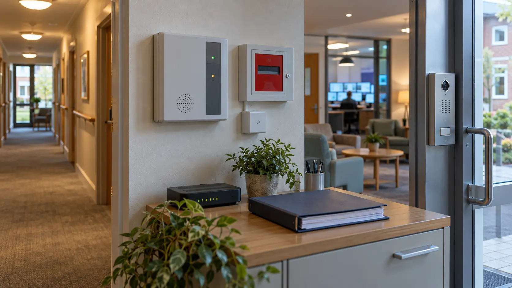 A shared-housing corridor with telecare, fire-alarm and door-entry equipment beside a maintenance desk.