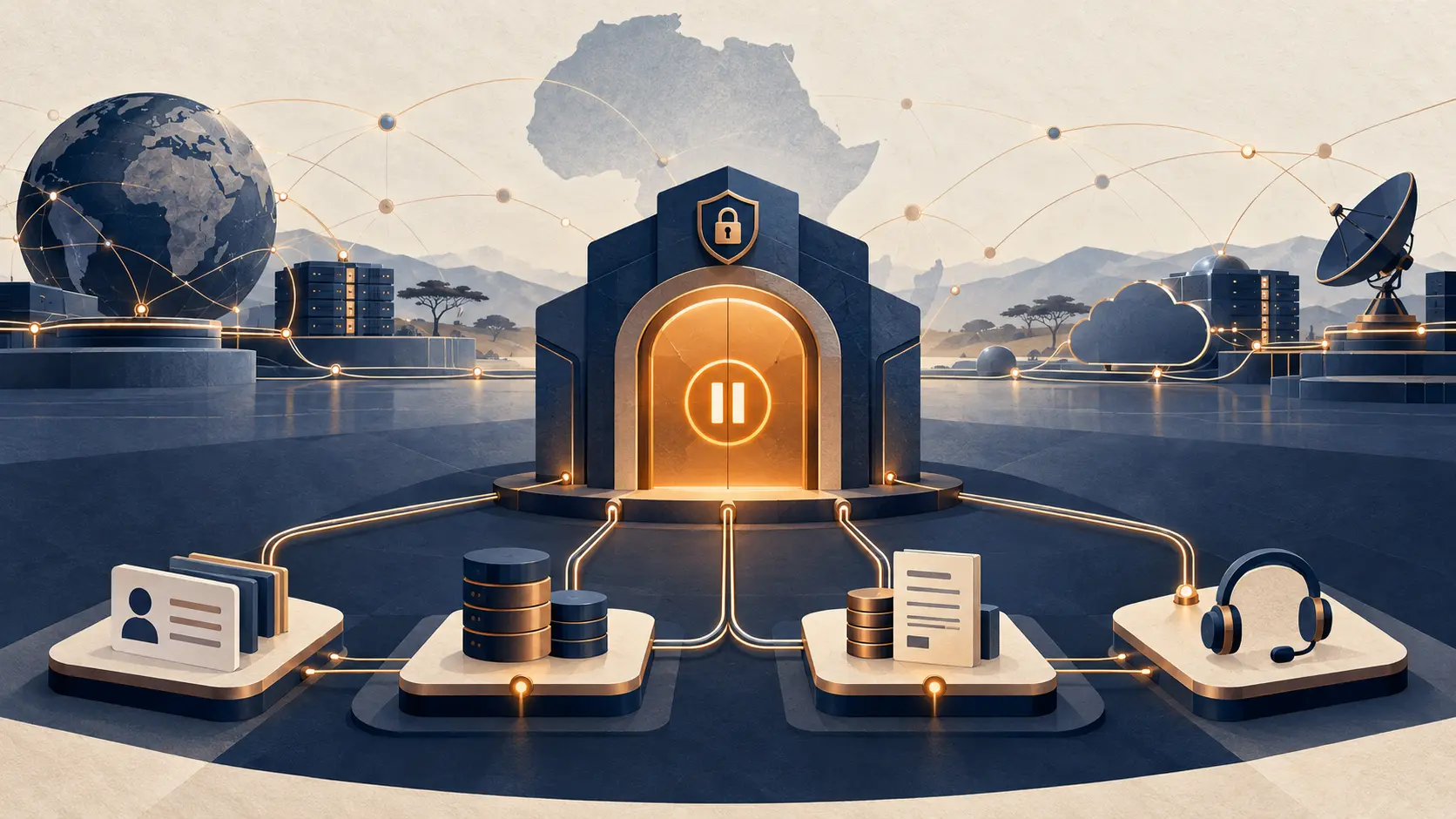 An AFRINIC member portal pauses at a central gateway while four member-service paths and regional network links remain visible.