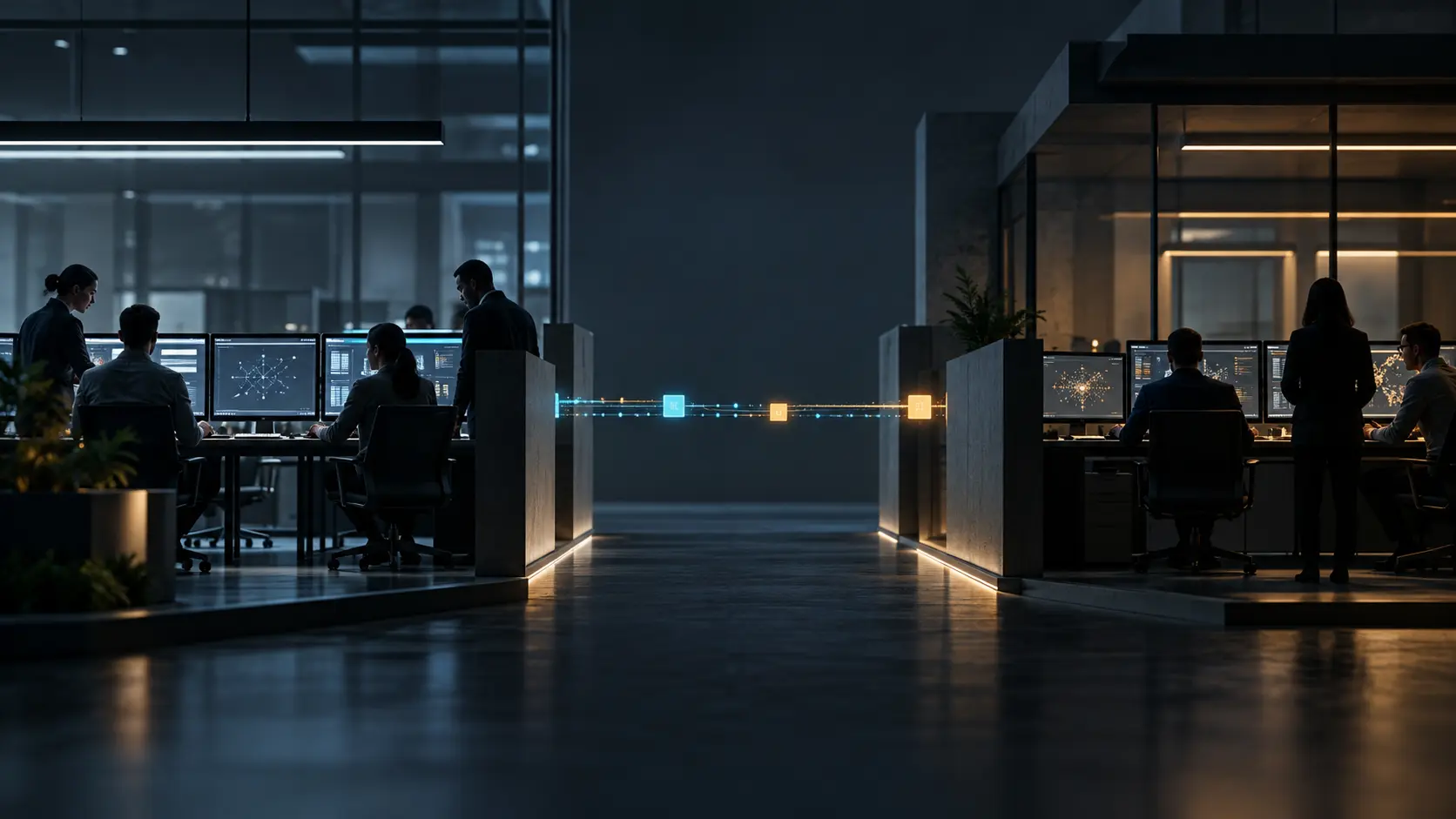 Two separate incident-response workspaces linked by a narrow information channel.