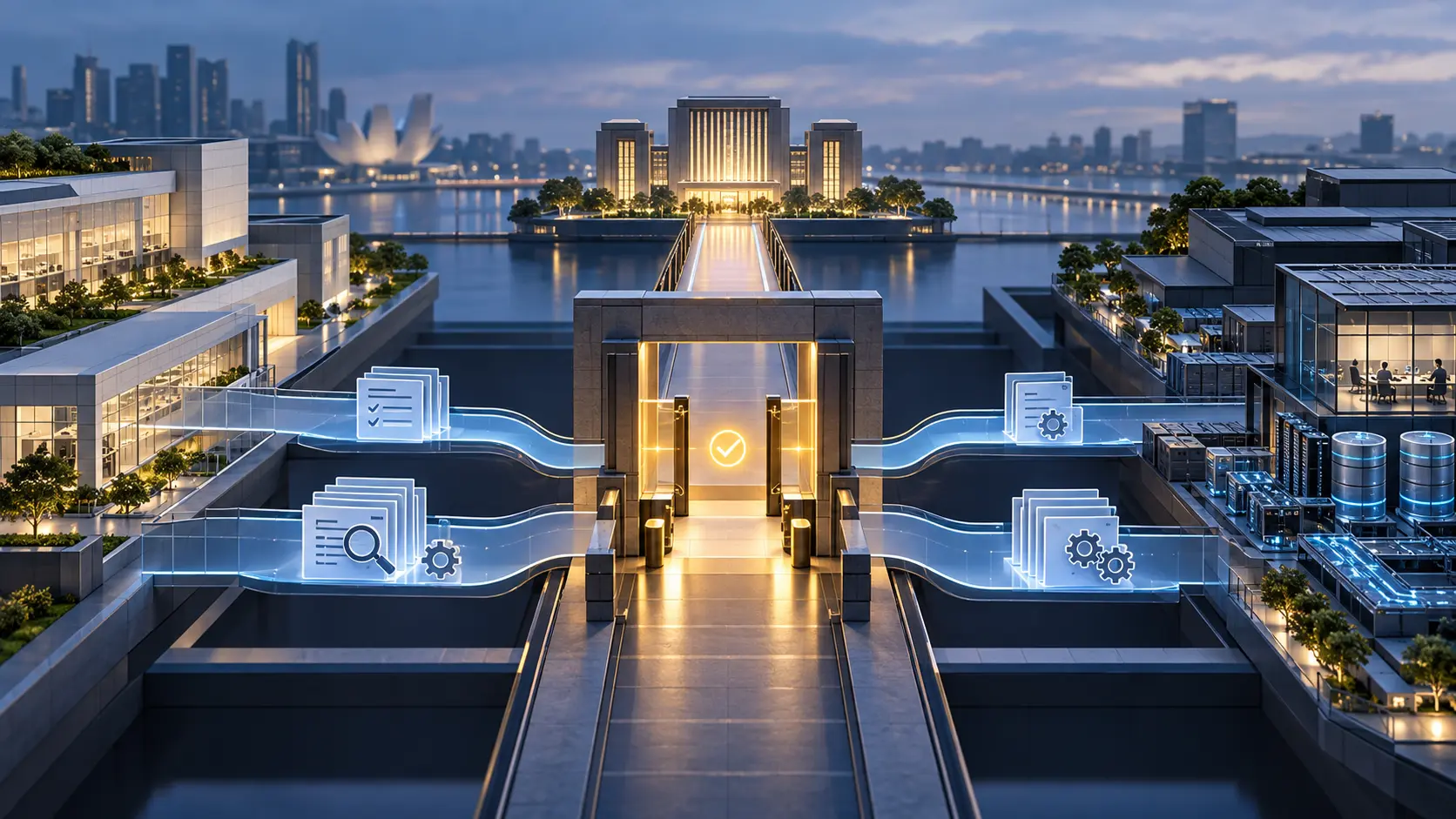 Two certification paths meet at a procurement checkpoint between public digital services and a supplier’s systems.
