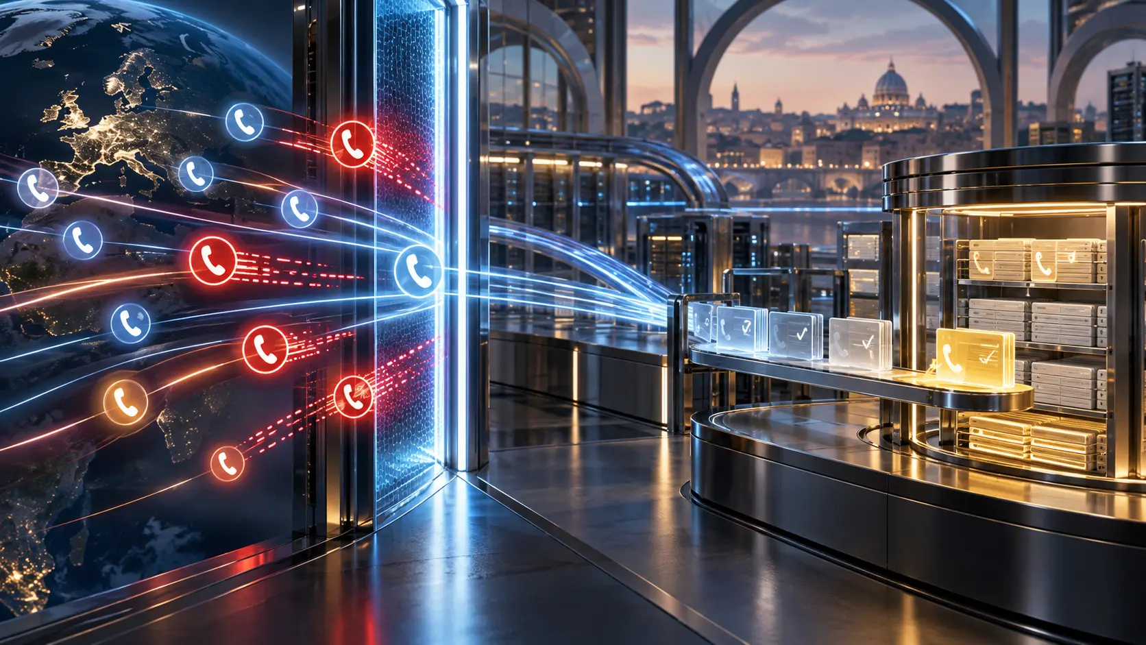 Inbound call signals meet a network gateway, with a separate station for checking number assignments.