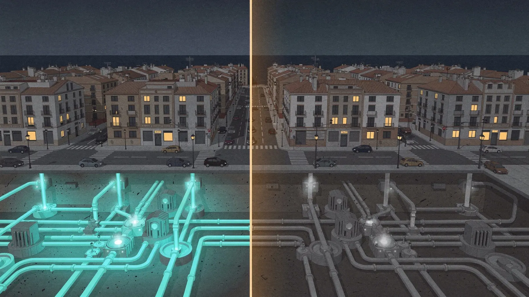 A continuous duct and cable corridor running across a sharp dividing line, one side lit in teal and the other in slate grey, with no text or numerals.