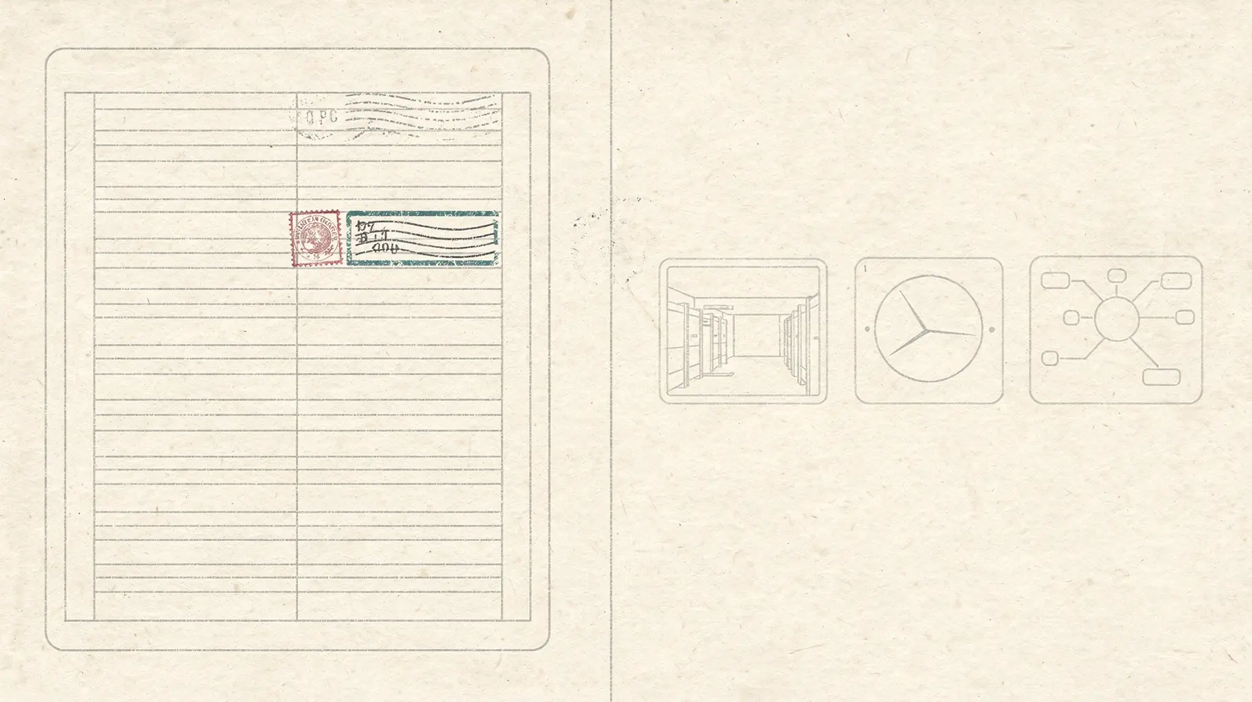 Editorial illustration: a registry ledger page with one ruled entry filled in and a stamped seal, divided by a thin vertical rule from three empty outlined schematic frames — a server hall, a power meter dial, and a network diagram with an unlinked node.