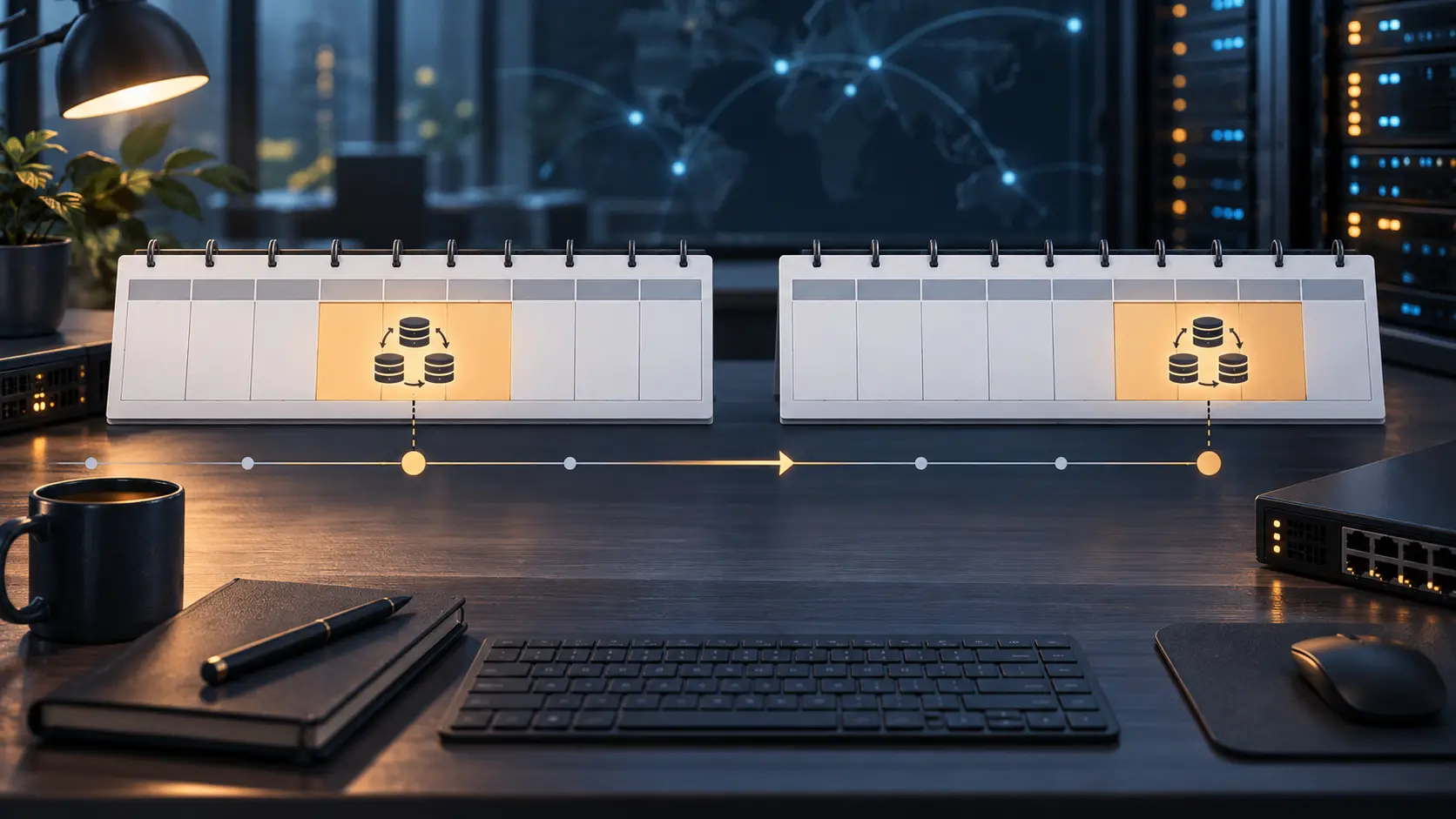 Editorial illustration of two maintenance calendars showing one Kubernetes upgrade window a day apart; no APNIC system or outage is depicted.