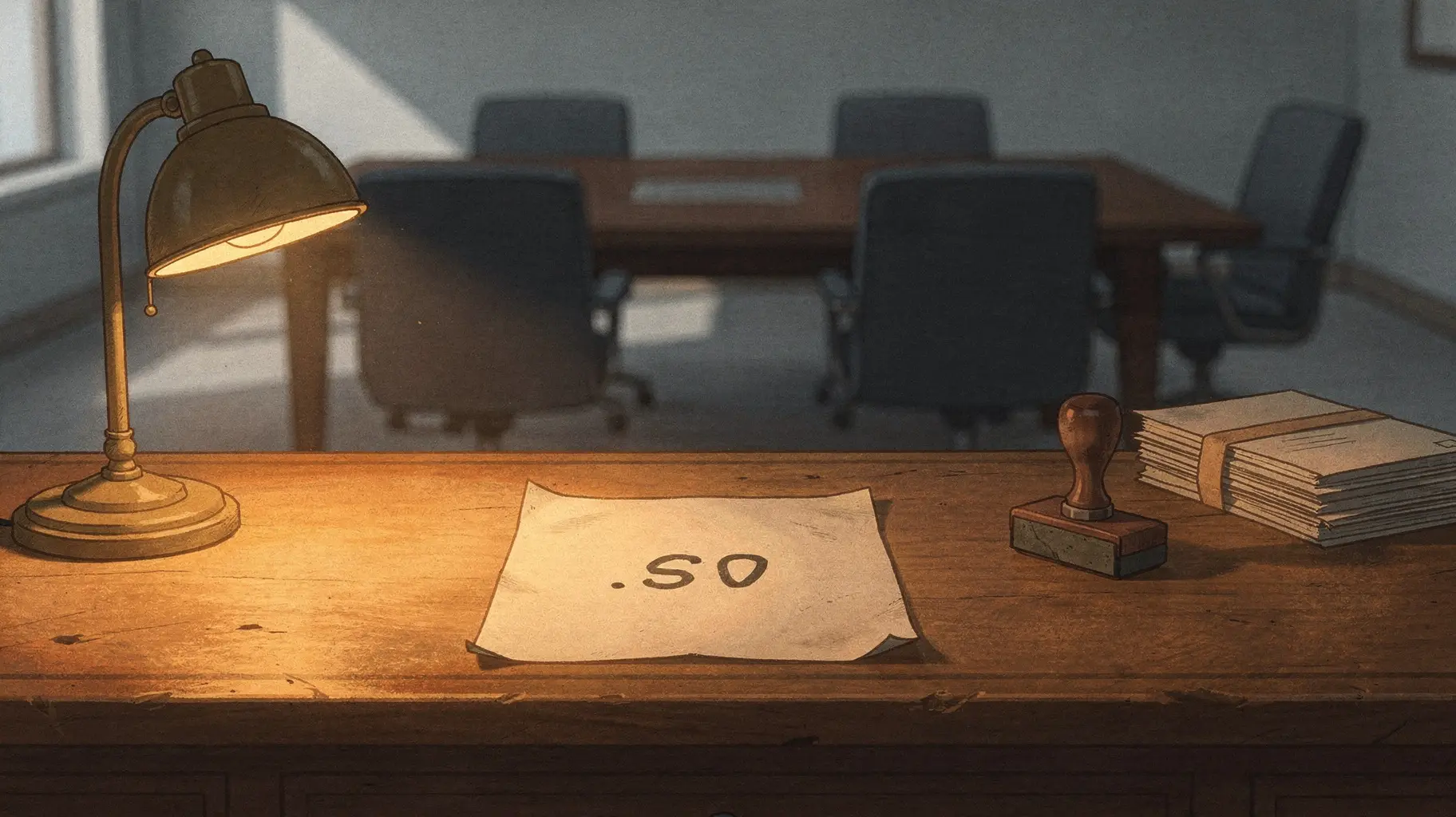 A lit wooden registry counter with a hand-written sheet reading .sv beside a large zero, and behind it a dim boardroom table with four empty chairs.