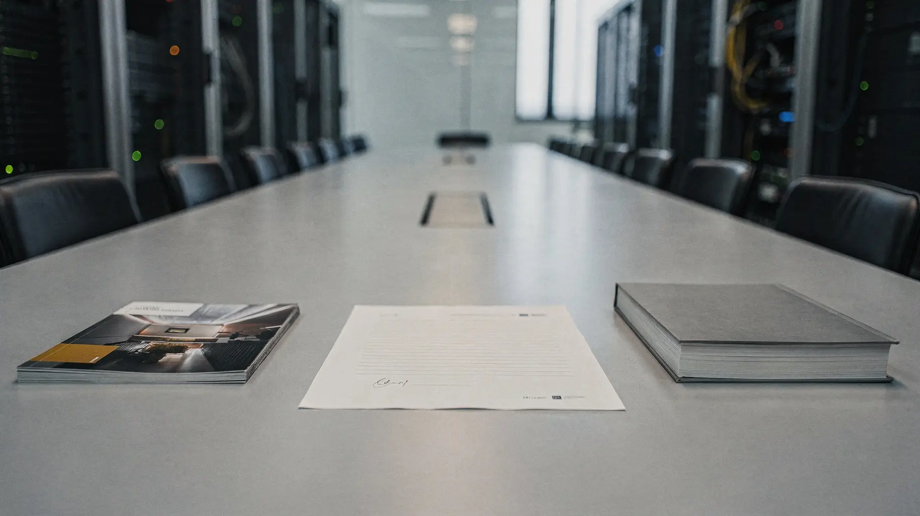 A long boardroom table with a commercial brand deck on one side and a plain bound institutional register on the other, a single sheet with an unfilled declaration line between them, and the cold aisle of a data centre visible through glass beyond