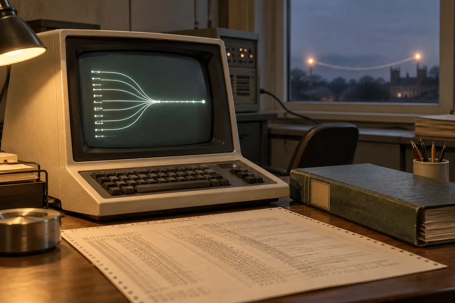ЭЛТ-терминал 1970-х годов и распечатки в исследовательском кабинете; текст на экране неразборчив.