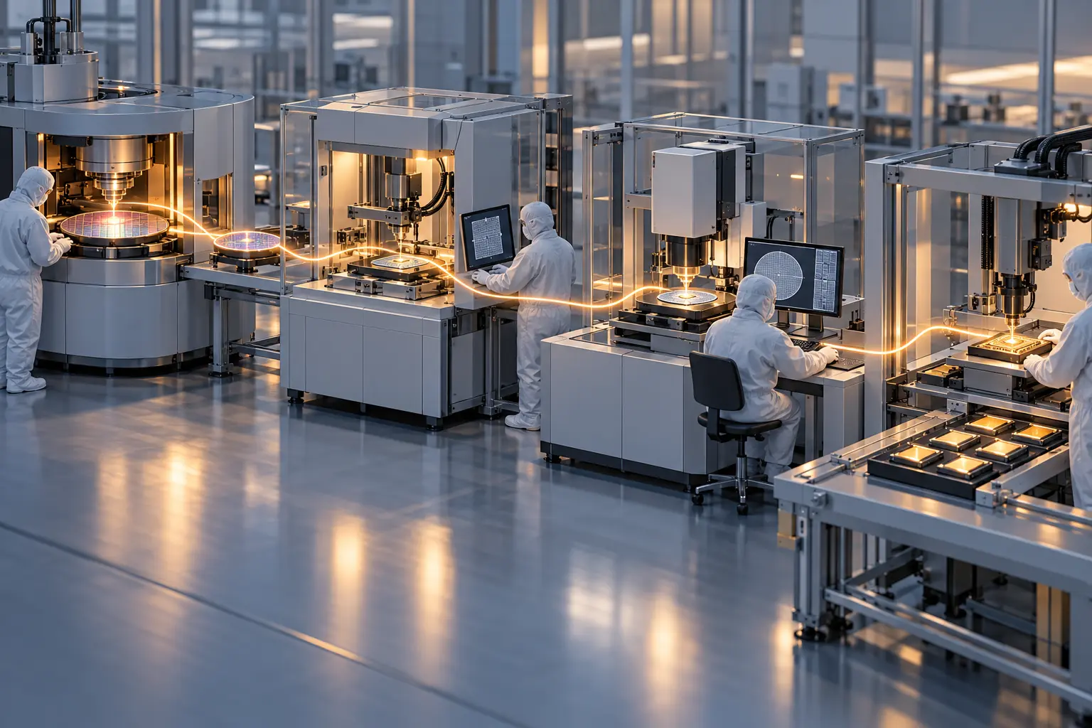 Conceptual illustration of optical-chiplet manufacturing stations linked by a light path on a pilot line.