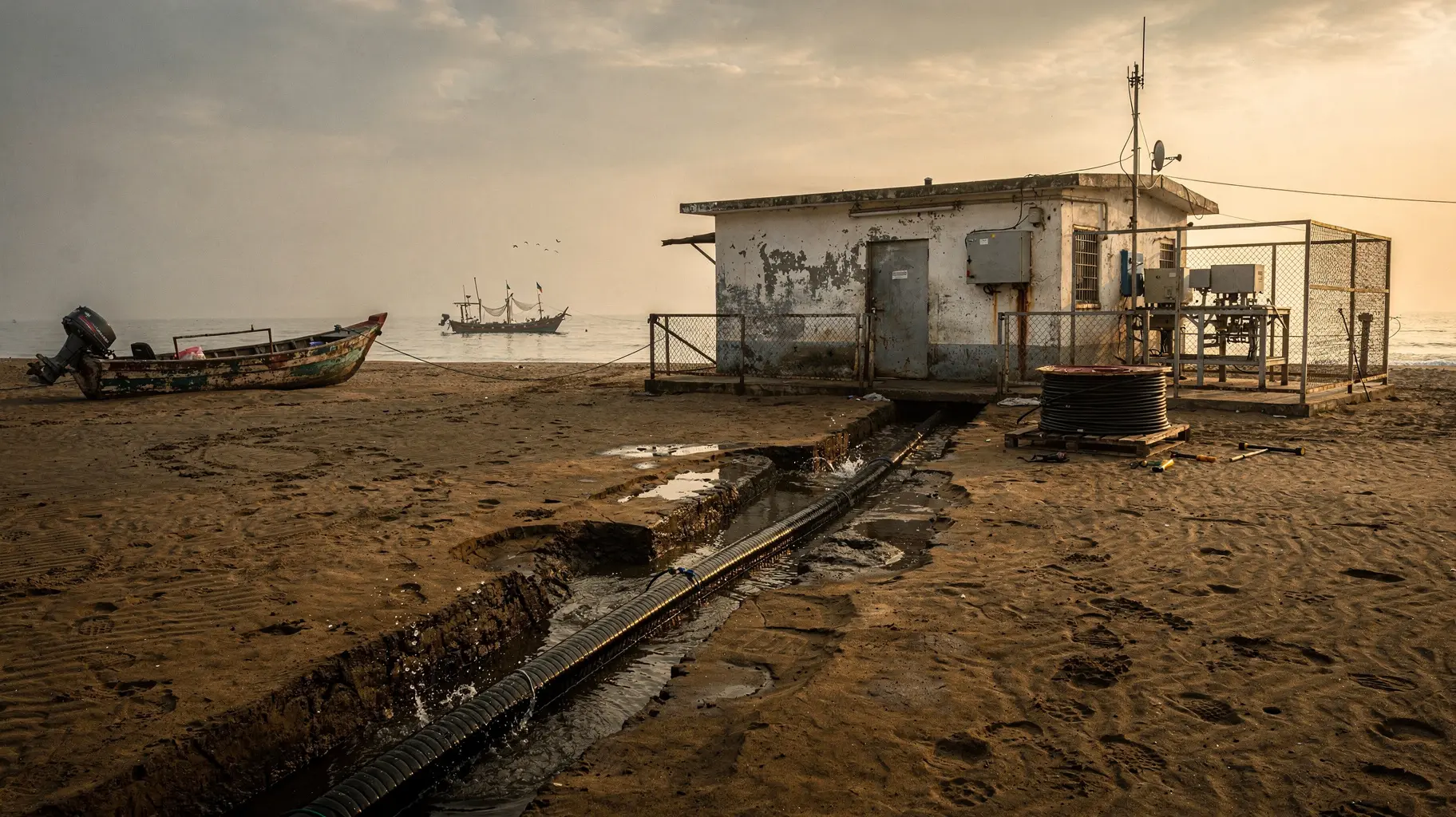 A black armoured submarine fibre-optic cable emerging from shallow surf and running up a sandy beach through a concrete trench toward a small, weathered single-storey landing station with an antenna mast and fenced equipment yard at dusk, with a coiled spare cable section and a small maintenance skiff on the sand.