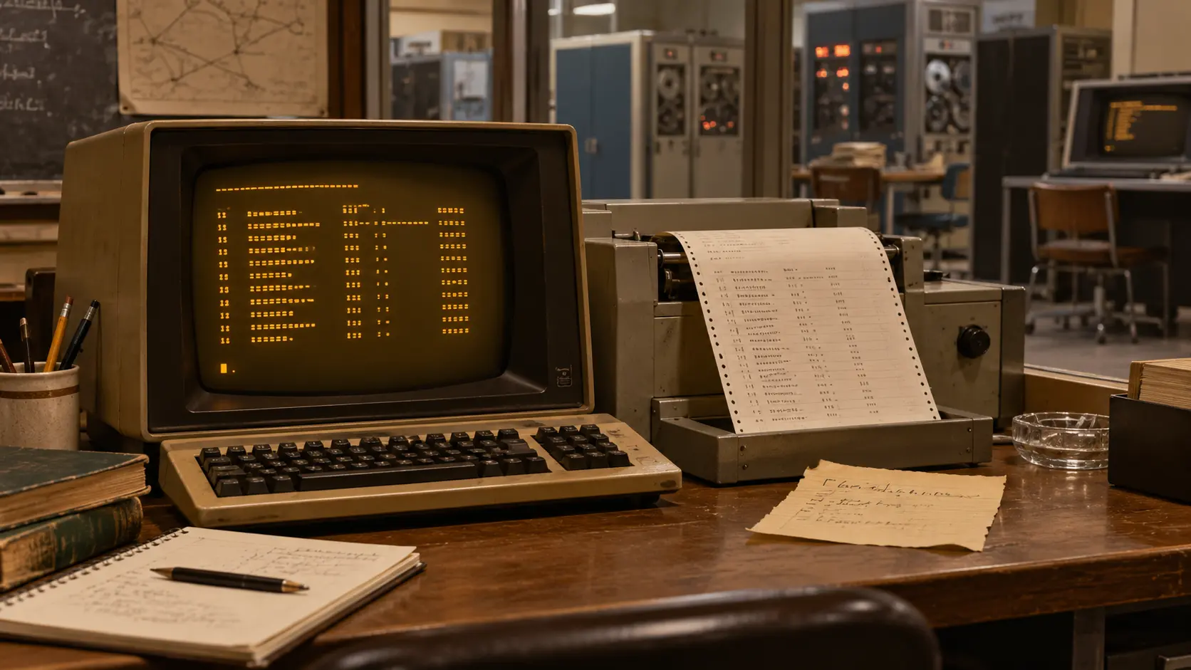 Компьютерный терминал конца 1970-х рядом с распечатанным списком пользователей и рукописной заметкой о доступности.
