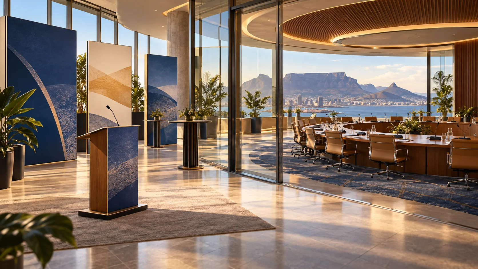 Editorial illustration of a welcome lectern set apart from an empty policy table in a Cape Town meeting hall.